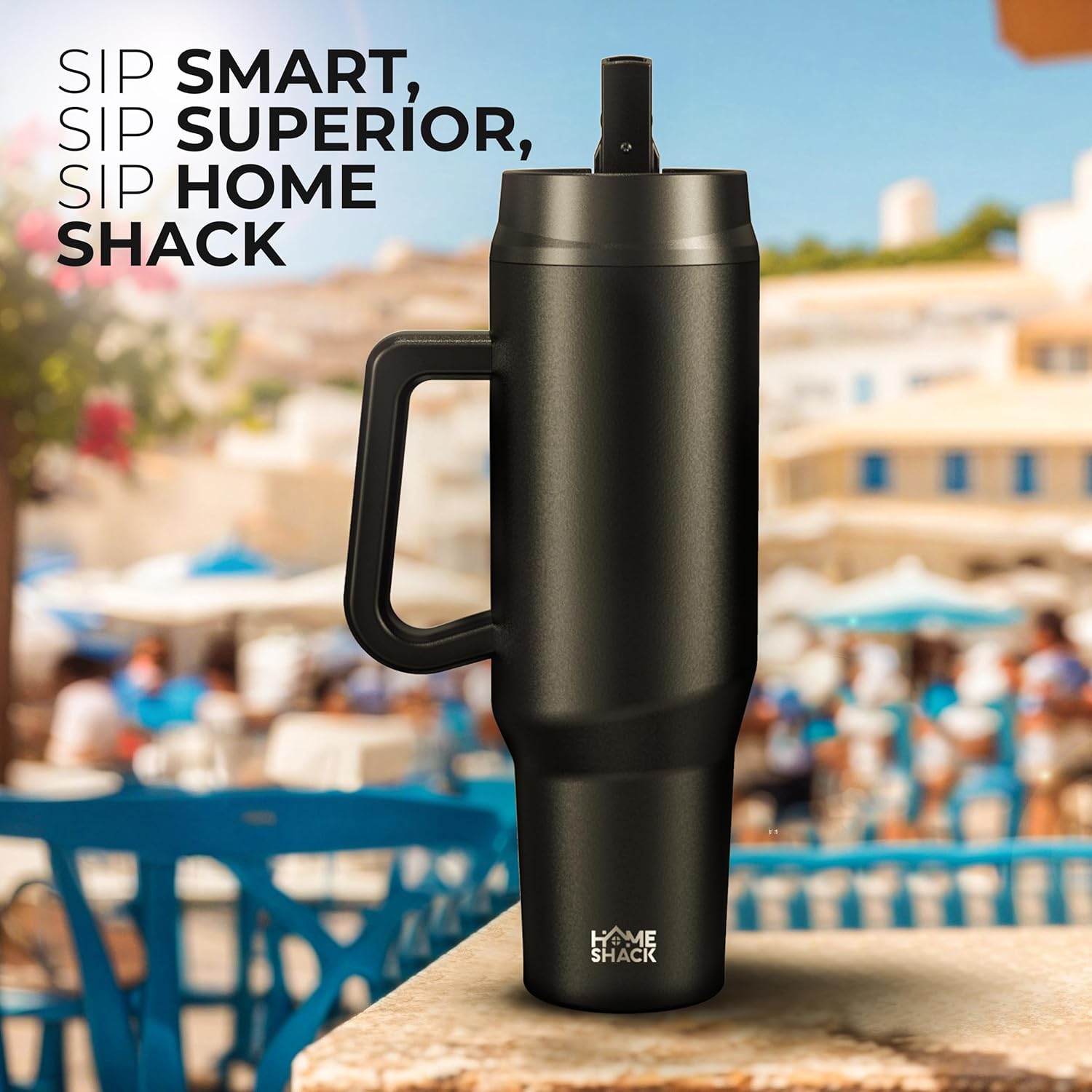HOMESHACK Vaso de 40 onzas con asa y tapa plegable con popote  Botella de agua de acero inoxidable aislada a prueba de fugas  Taza de viaje para