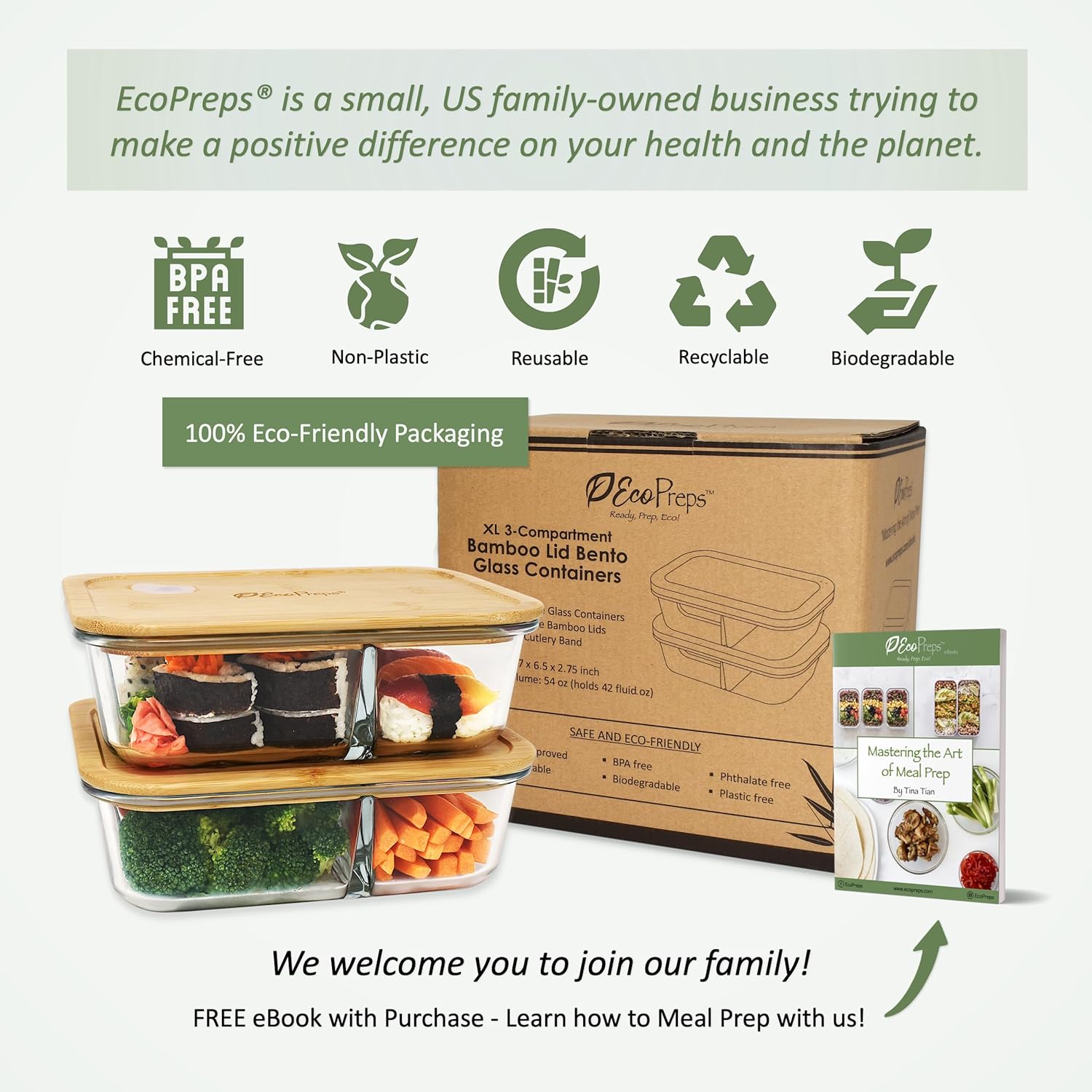 EcoPreps Contenedores grandes de vidrio Bento con tapas de bambú, 3 compartimentos de vidrio para preparación de comidas (paquete de 2, XL 100%