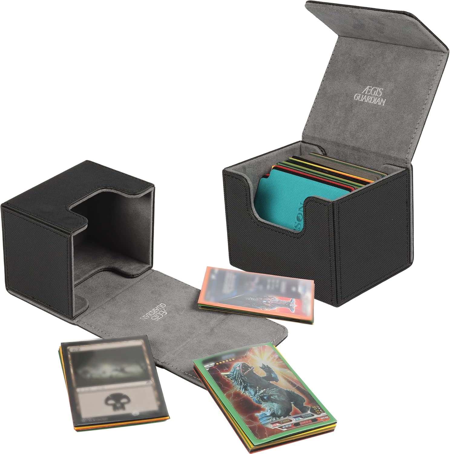 AEGIS GUARDIAN – Caja de cartas para MTG, Commander Deck Box con capacidad para más de 120 tarjetas con funda, soporte de cuero fuerte para tarjetas