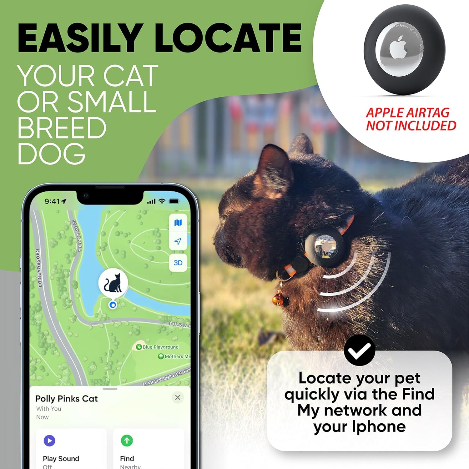Airtag – Collar de gato con banda reflectante y soporte para AirTag – Collar ajustable impermeable para mascotas con hebilla de liberación de