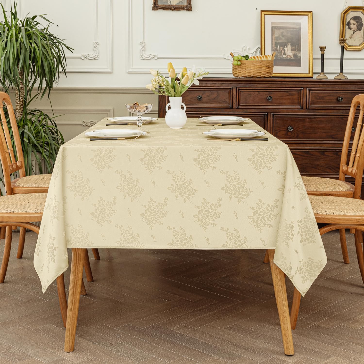 Romanstile Mantel rectangular de jacquard, resistente al agua, elegante, con patrón floral de damasco, mantel decorativo de poliéster lavable para