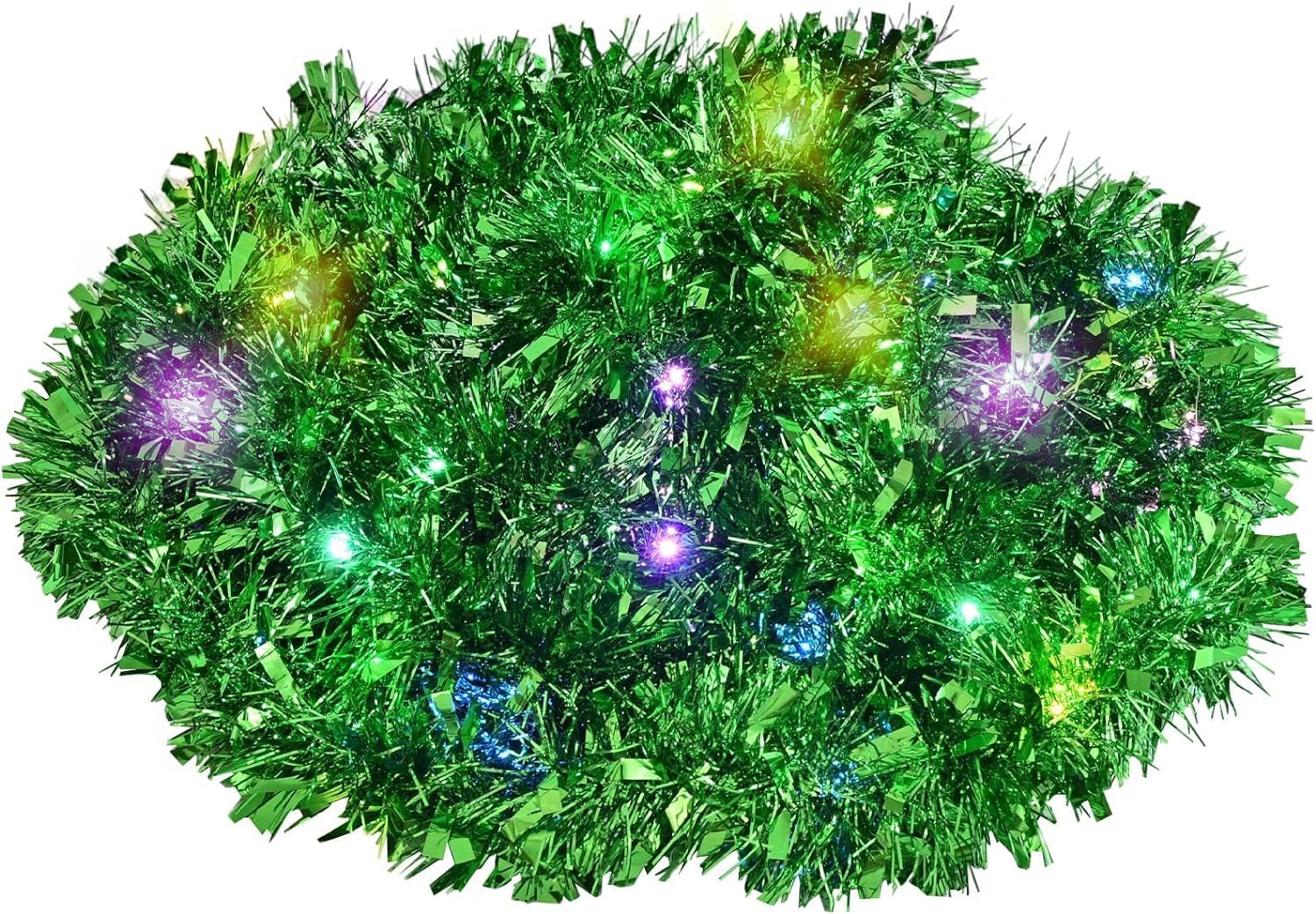 Guirnalda de oropel de Navidad preiluminada de 19.7 pies, guirnalda de oropel metálico verde con luces LED, funciona con pilas, guirnalda de