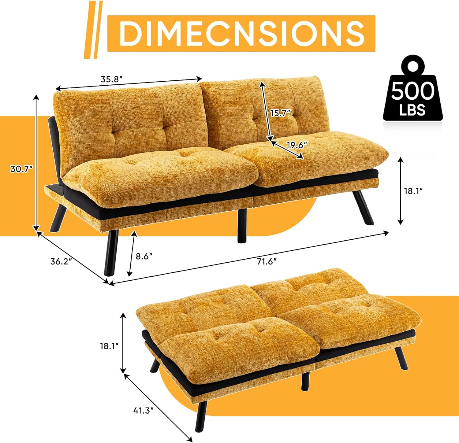 Sofá cama futón, sofá cama convertible de espuma viscoelástica, sofá biplaza pequeño con respaldo dividido para sala de estar, moderno asiento de