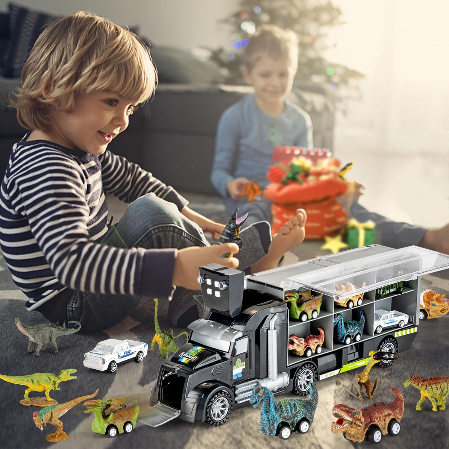 BOKABOKA Camión de dinosaurio 19 en 1 para niños, 12 mini dinosaurios, 4 autos de tracción de dinosaurio, 2 vehículos transportadores de transporte