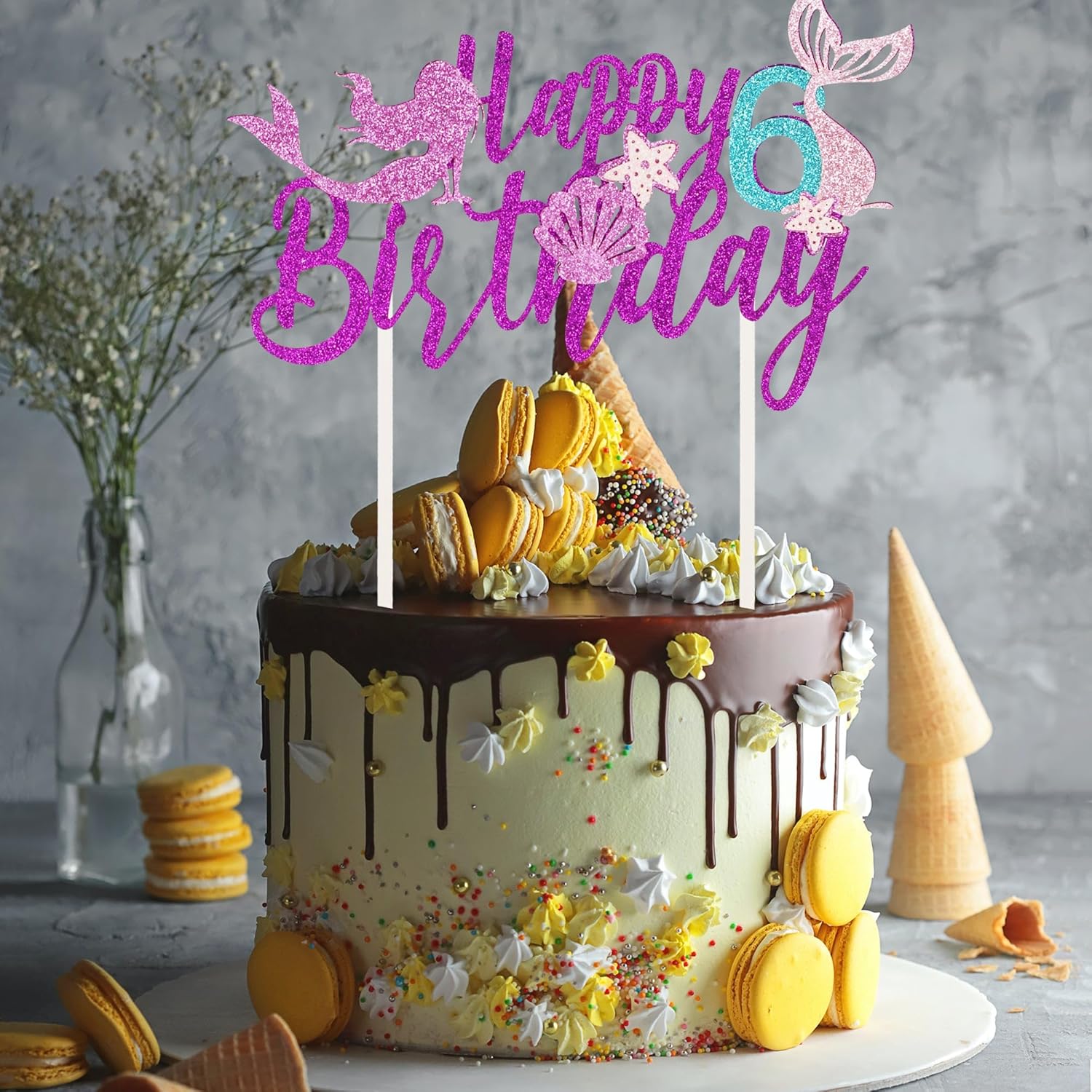 Decoración para pastel de cumpleaños con diseño de sirena de 6 cumpleaños, diseño de estrella de mar y conchas con purpurina, decoraciones para
