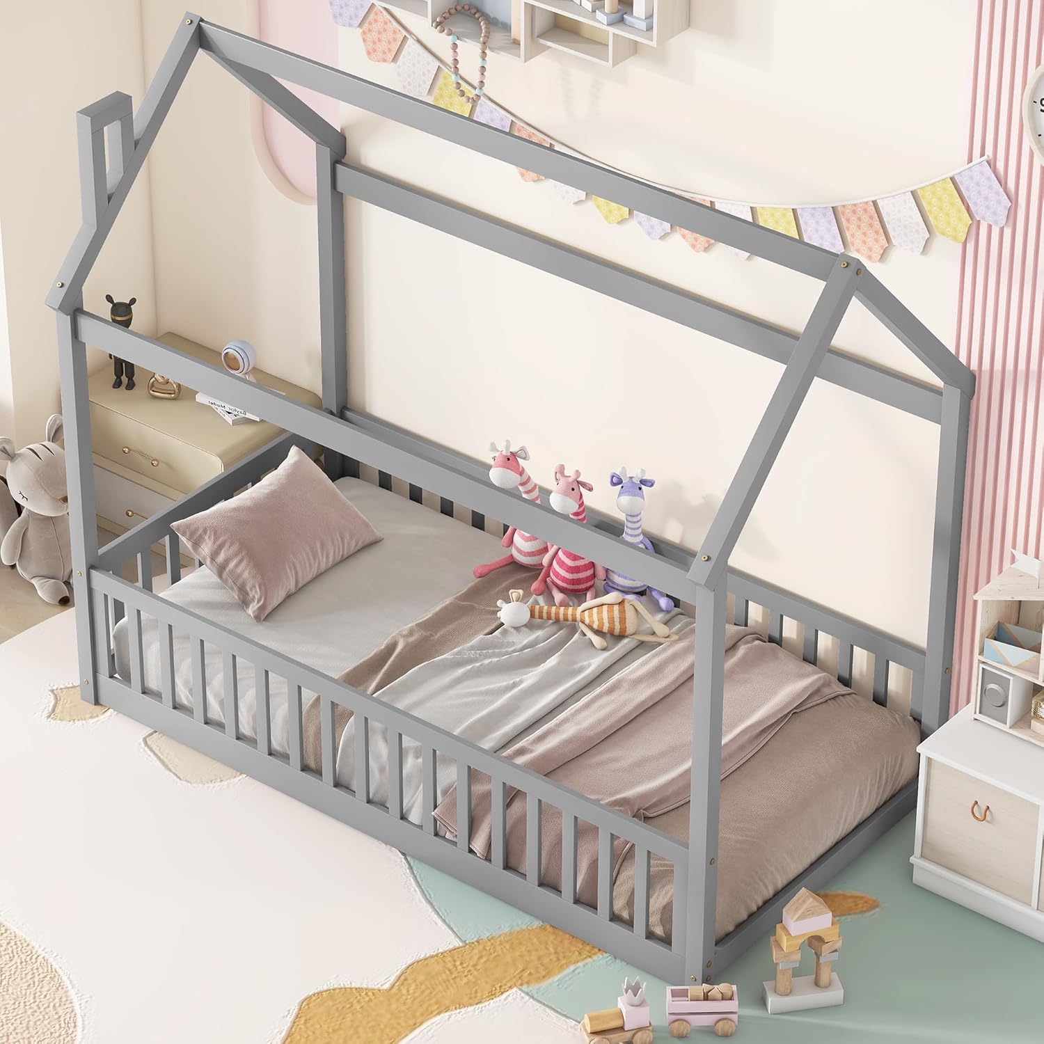 CITYLIGHT Base de cama de suelo de tamaño individual para niños, cama Montessori de madera con rieles y listones en forma de valla, cama individual