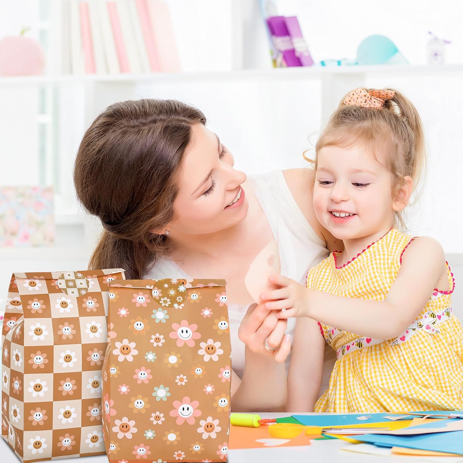 AnyDesign 24 bolsas de regalo de fiesta estilo bohemio vintage, 6 diseños de margaritas sonrientes, bolsas de regalo de papel con calcomanías,