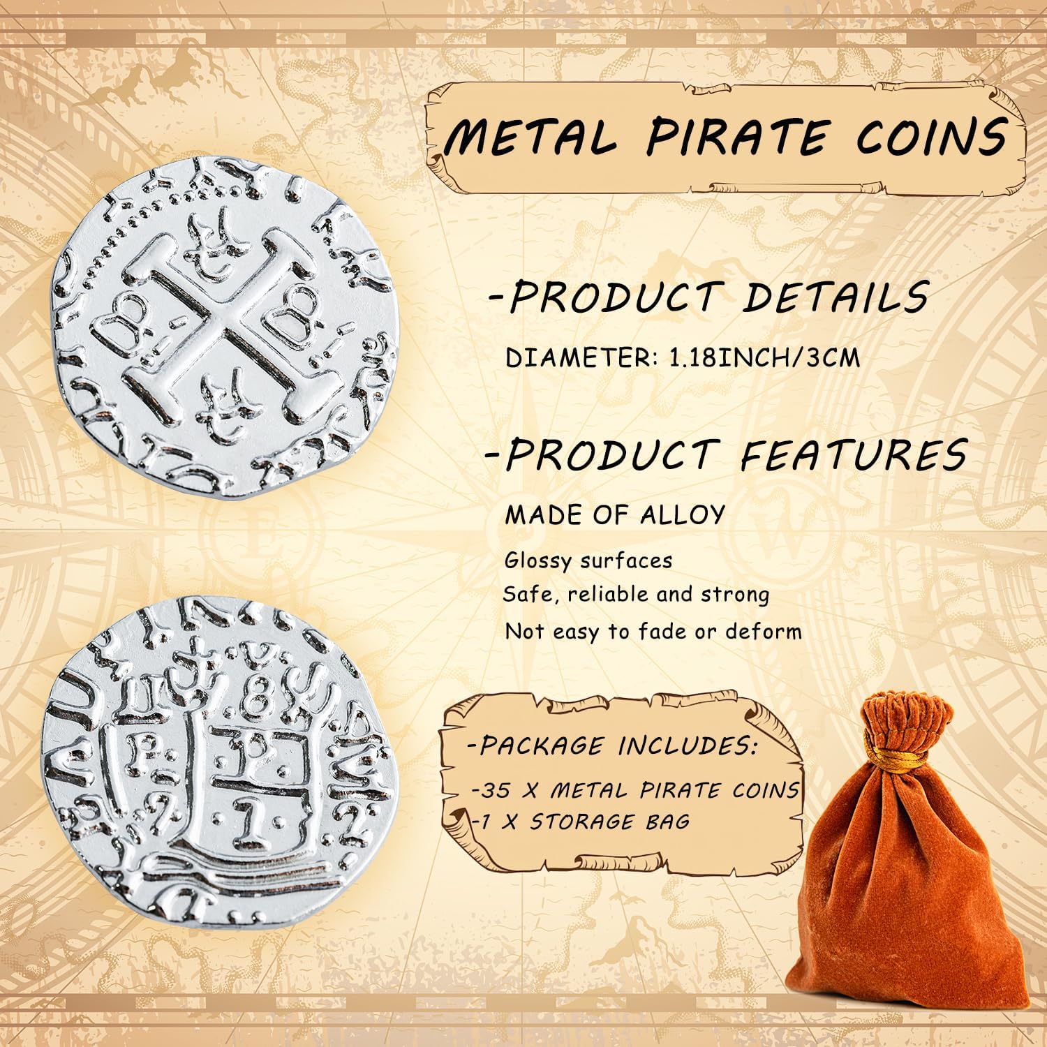 35 monedas de pirata de metal, juego de monedas del tesoro plateado, réplica de metal español para fichas de juegos de mesa, moneda de cofre del