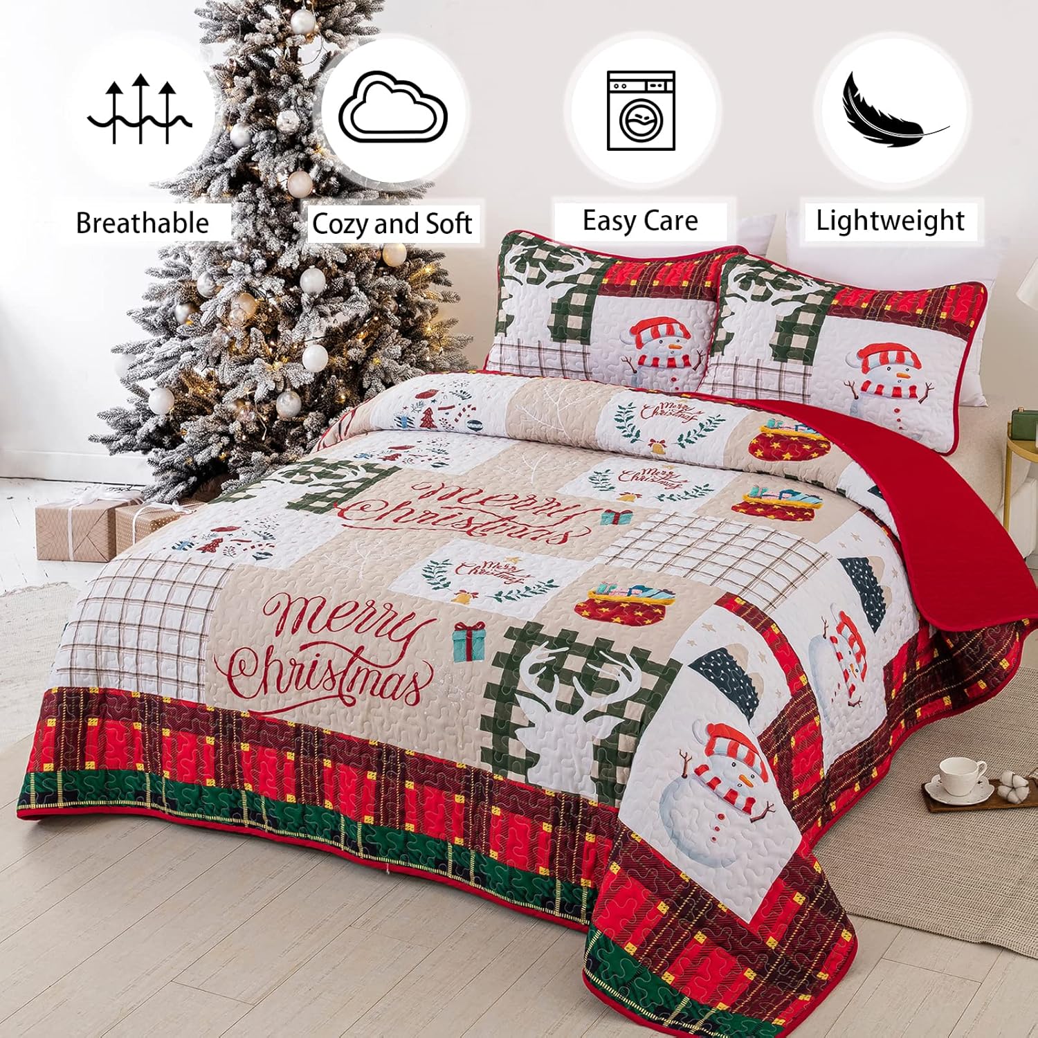 Juego de edredón de Navidad tamaño Queen, juego de ropa de cama acolchada con 2 fundas de almohada, diseño de muñeco de nieve, árbol de Navidad,