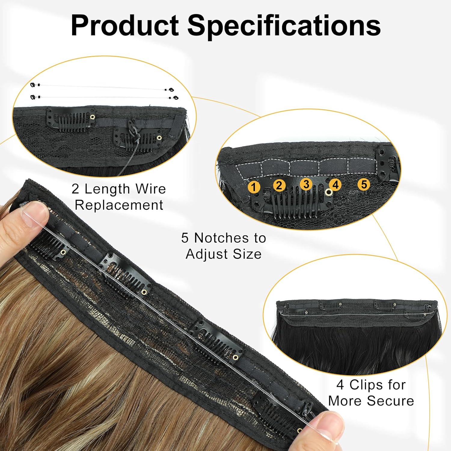 Extensiones de cabello con alambre invisible de 20 pulgadas, extensiones sintéticas de alambre transparente ajustable, 4 extensiones de cabello