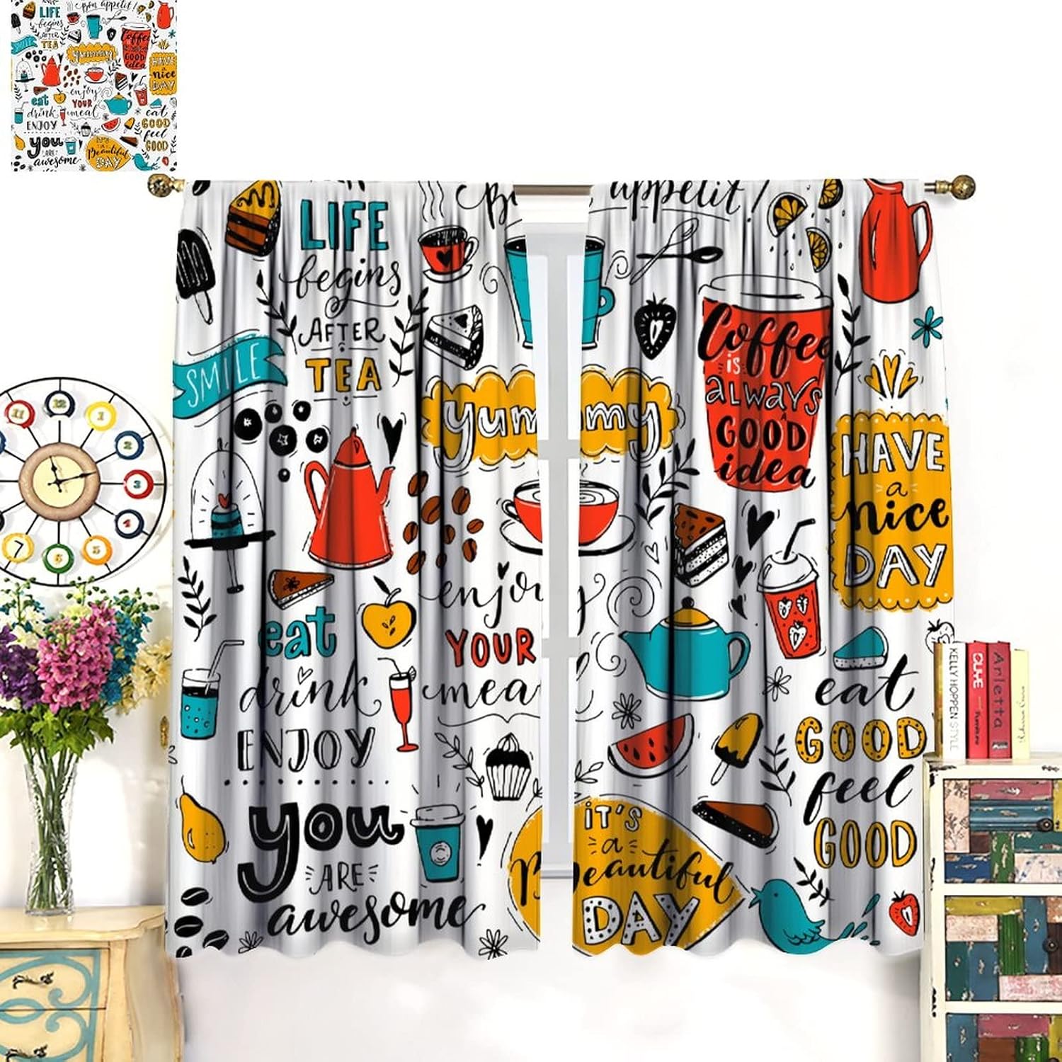 Cortinas de café para cafetería, diseño artístico de grafiti, decoración de sala de estar, cafetería, cocina, dormitorio, cortinas opacas para