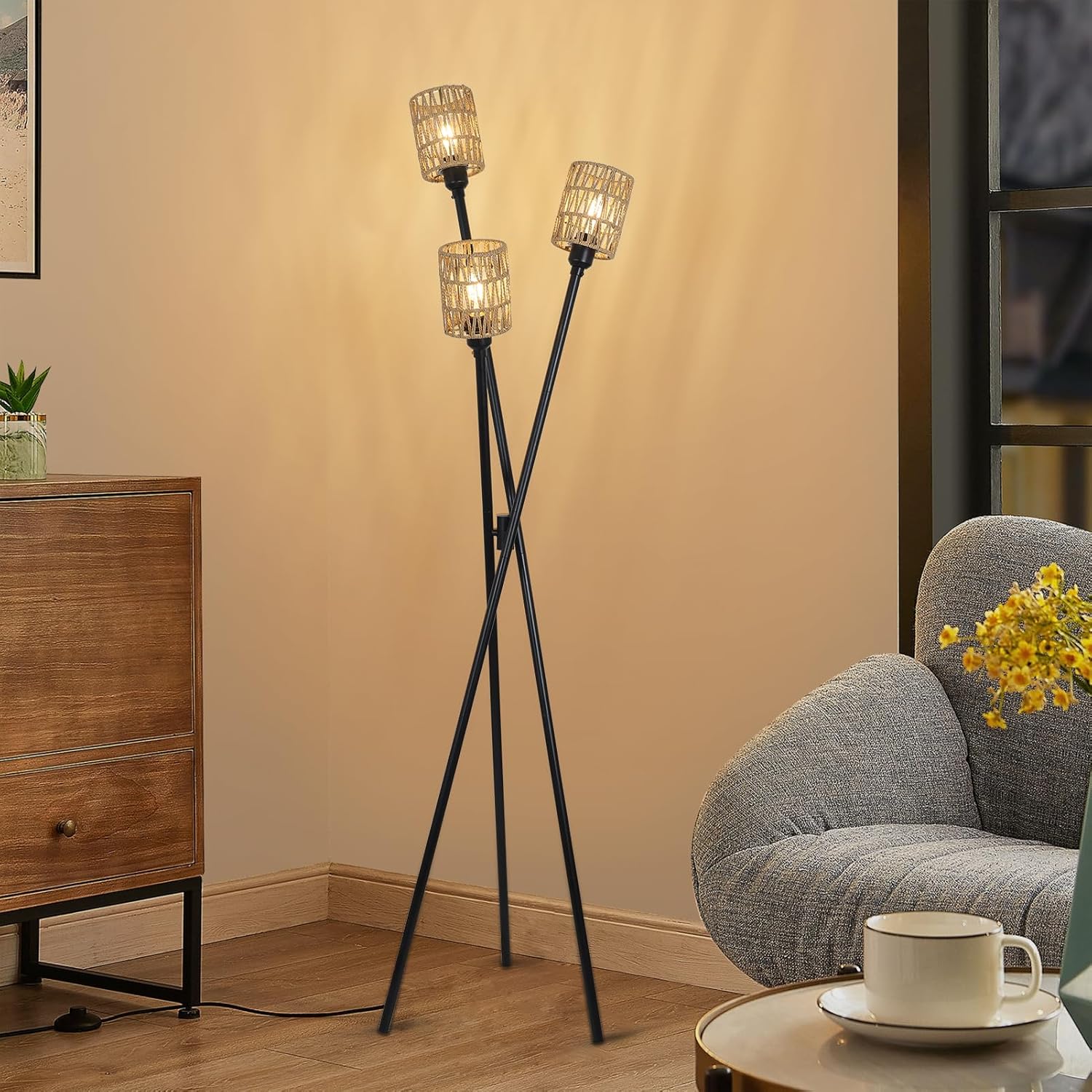 Lámpara de pie de trípode de ratán, lámparas de pie estilo bohemio para sala de estar con interruptor de pie de encendidoapagado, lámpara de pie