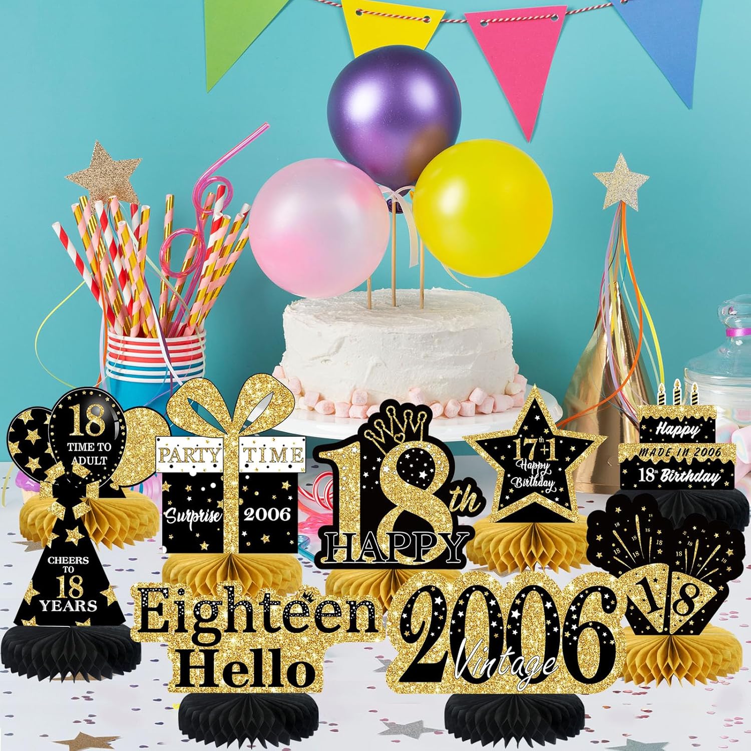 9 piezas de decoración de cumpleaños negro dorado 18 centros de mesa de panal para niños y niñas, centros de mesa de feliz cumpleaños 18,