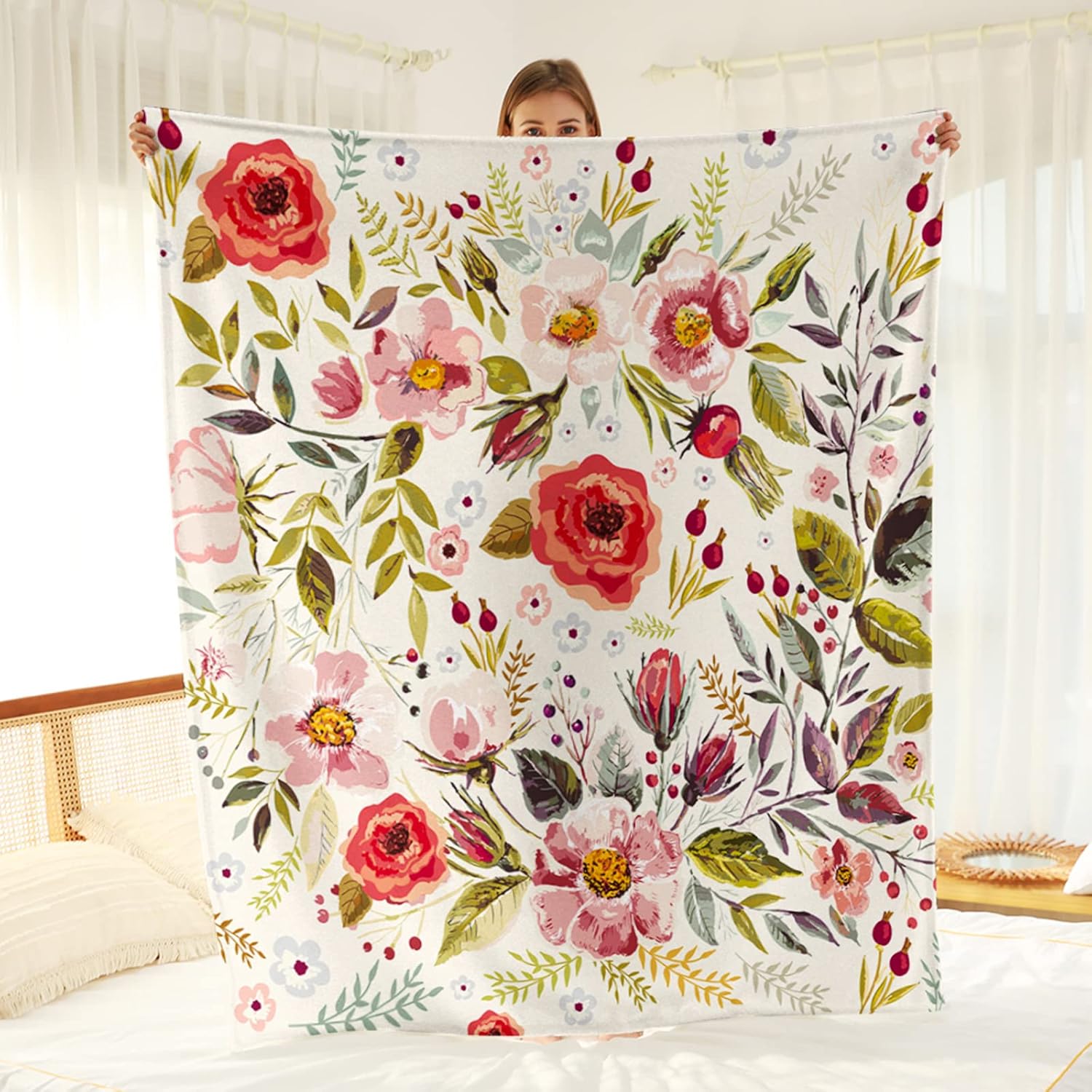 Tupmnbry Manta de flores silvestres con estampado floral botánico, manta de franela súper suave, ligera y esponjosa para cama, sofá y viajes, 60 x