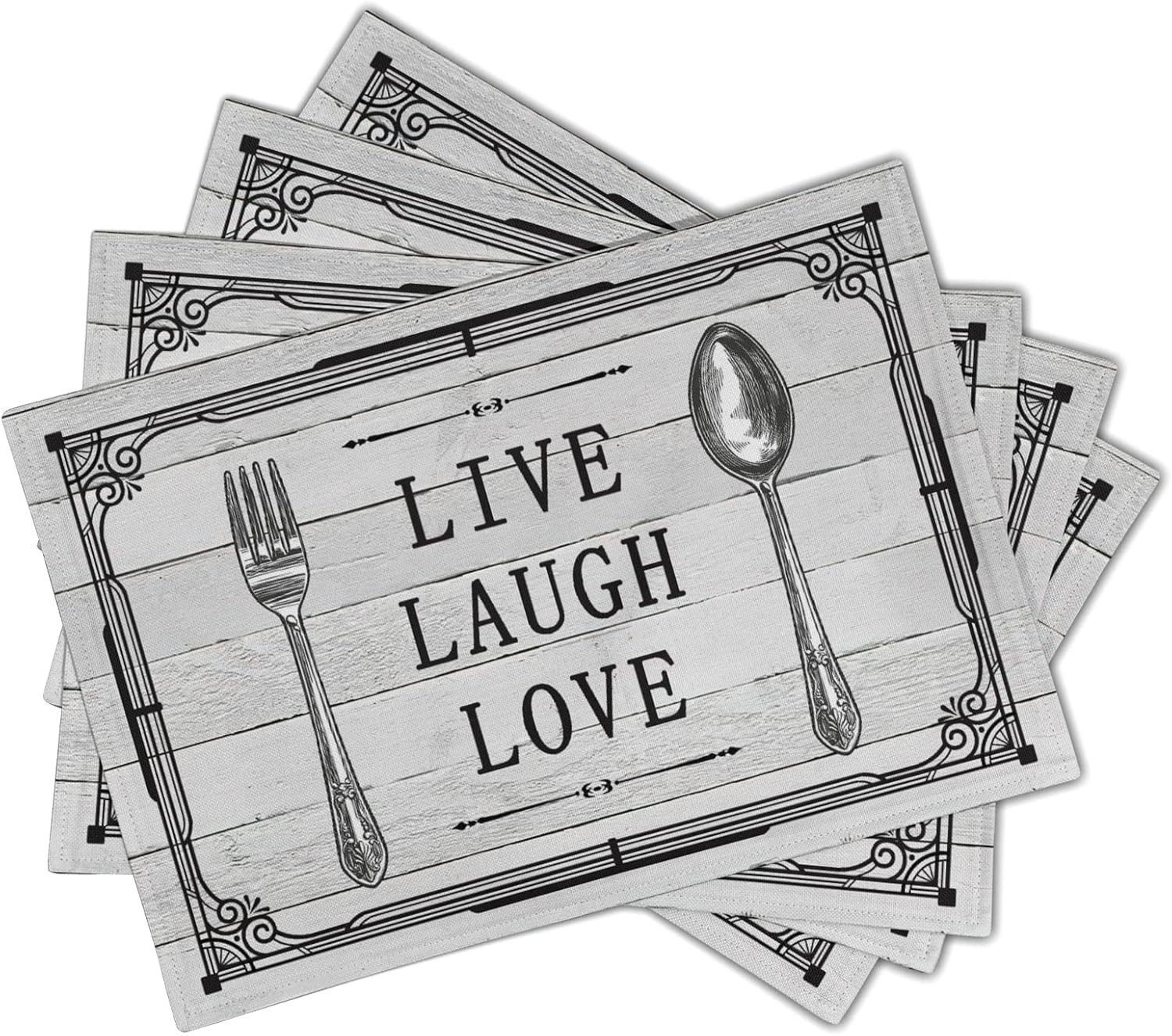 Giwawa Live Laugh Love – Juego de 4 manteles individuales con cuchillo, tenedor, cuchara, estilo vintage, decorativo, de lino, lavable, resistente