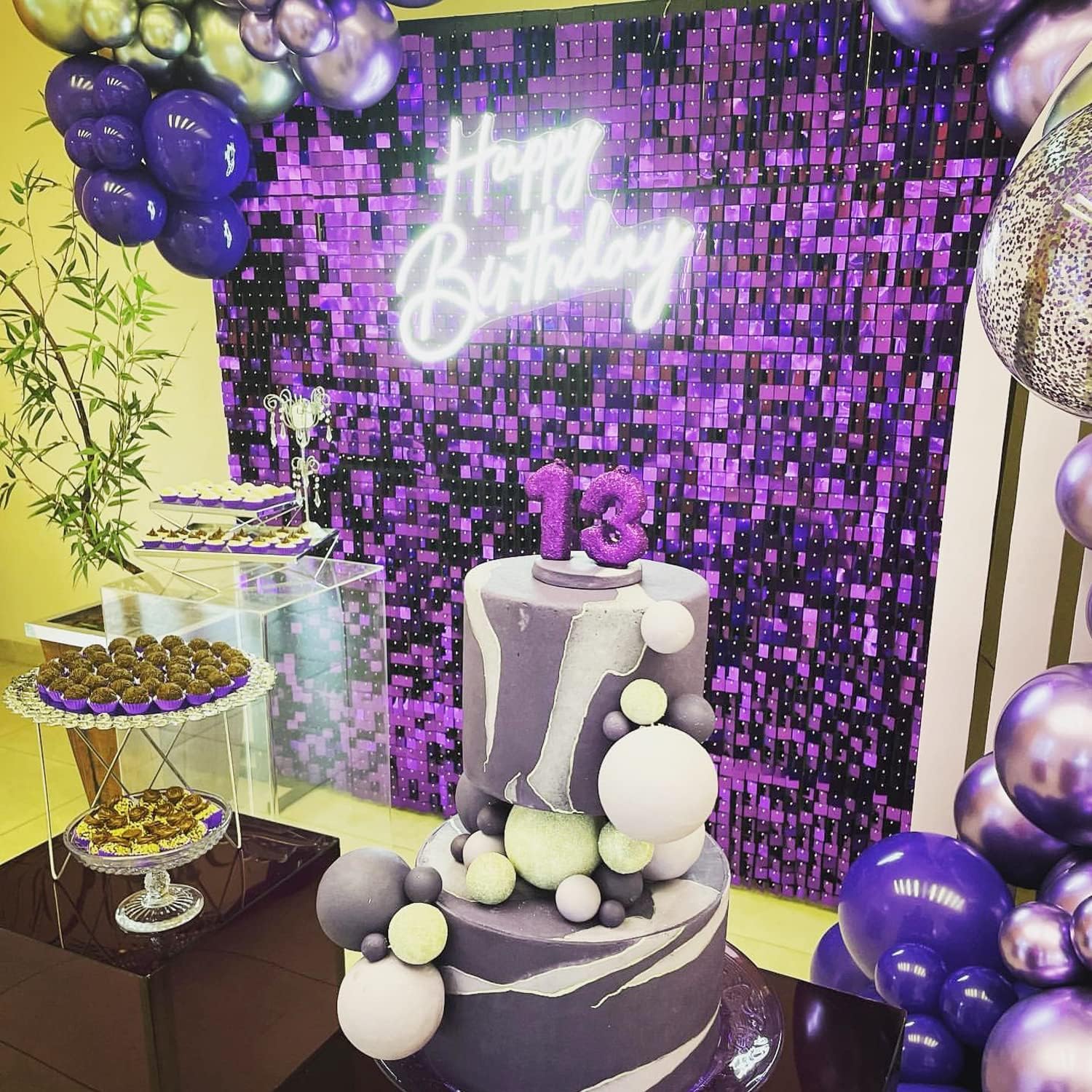Fondo de pared con brillo morado, 24 paneles cuadrados de lentejuelas brillantes, fondos de fotos para cumpleaños, aniversario, boda, graduación y