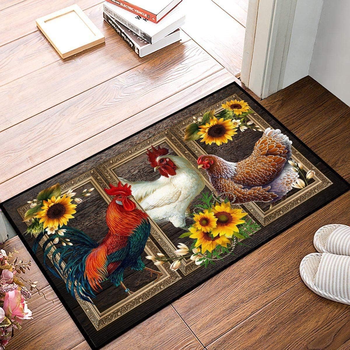 Tapete de baño antideslizante con diseño de pollo, bonito girasoles lavable, tapete absorbente, tapete para decoración del hogar para cocina, baño,