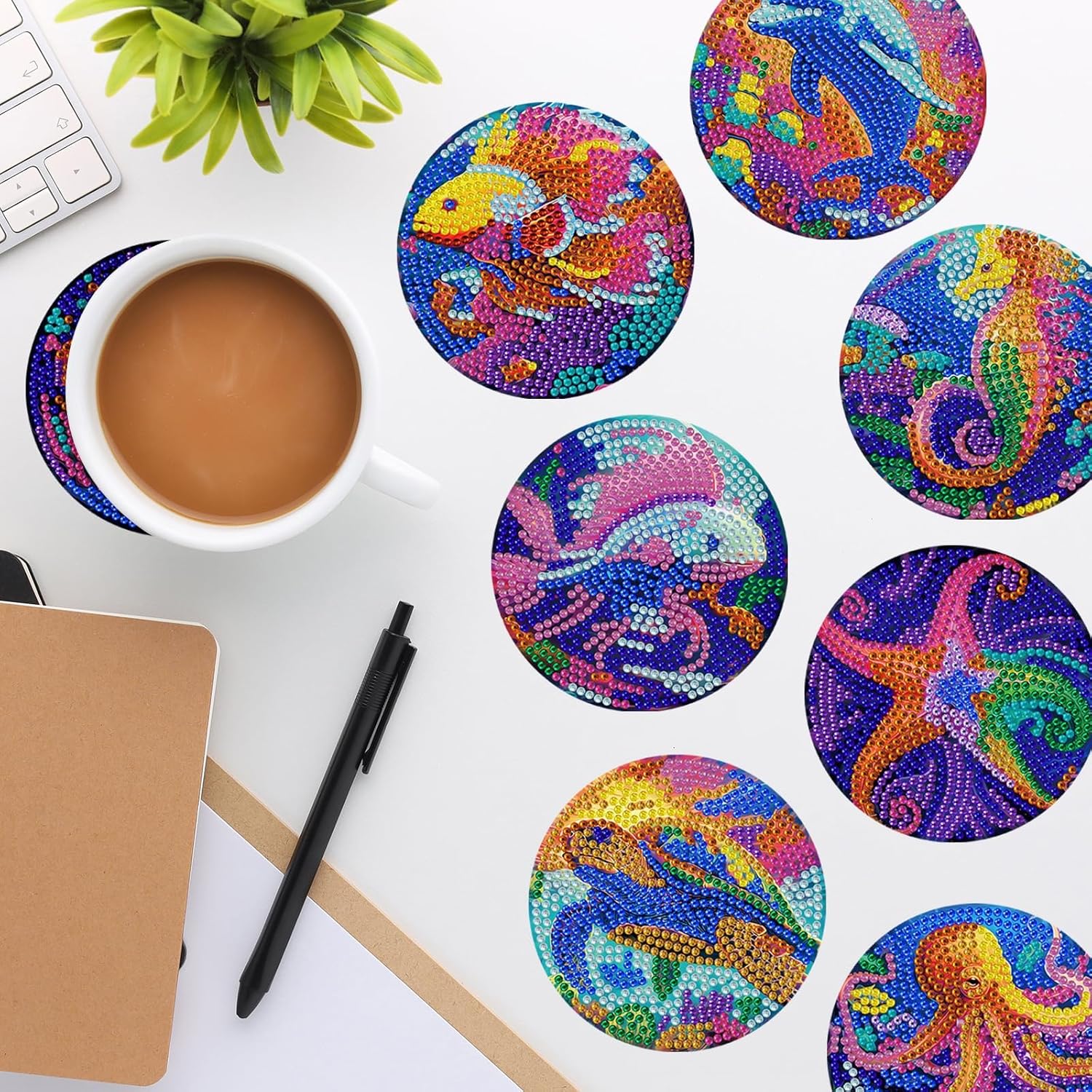 Juego de 8 posavasos de pintura artística de diamantes con soporte para bricolaje criaturas del fondo marino, posavasos de arte de diamante,