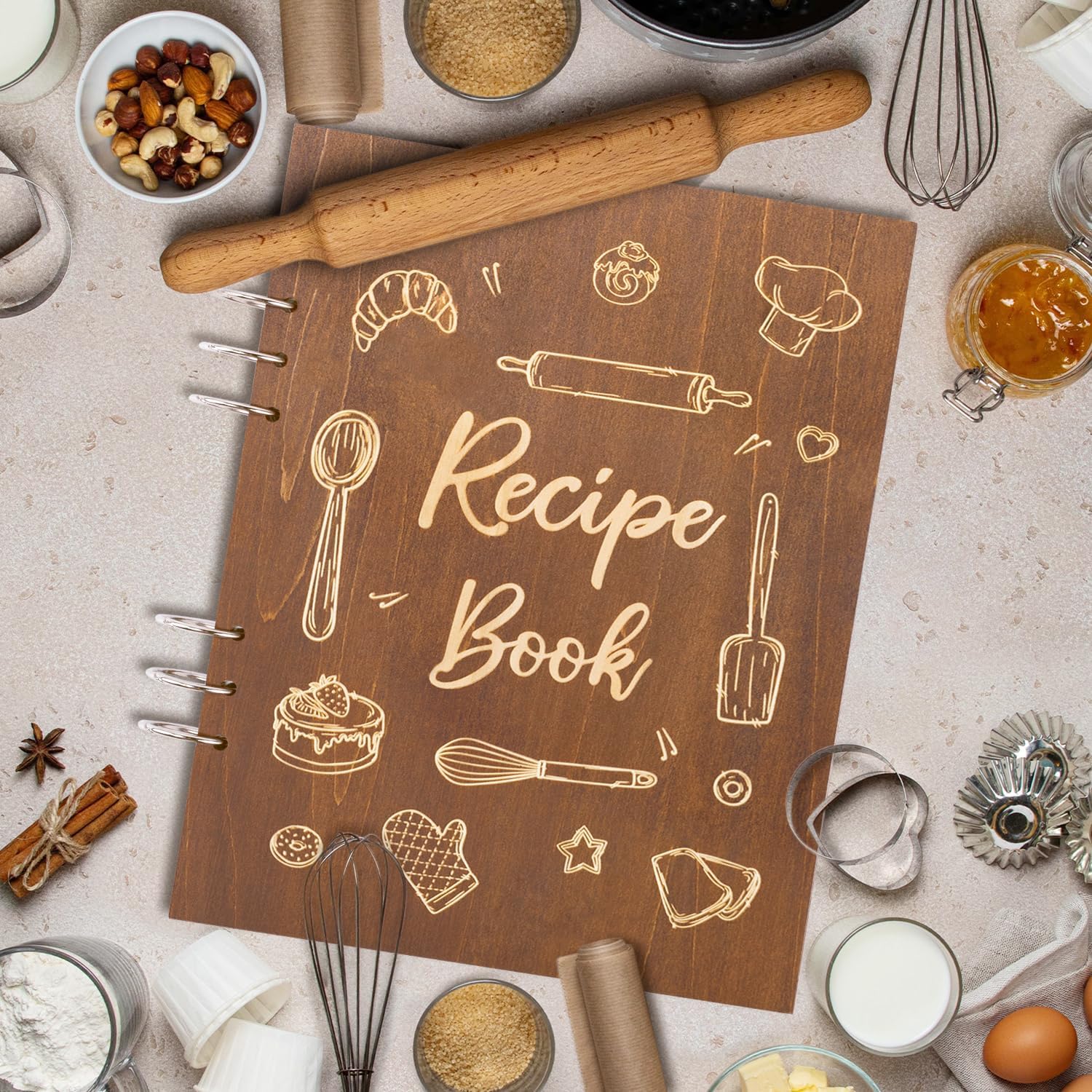 Creawoo Libro de recetas de madera para escribir en tus propias recetas, carpeta de recetas en blanco personalizada, libro de cocina, recetas