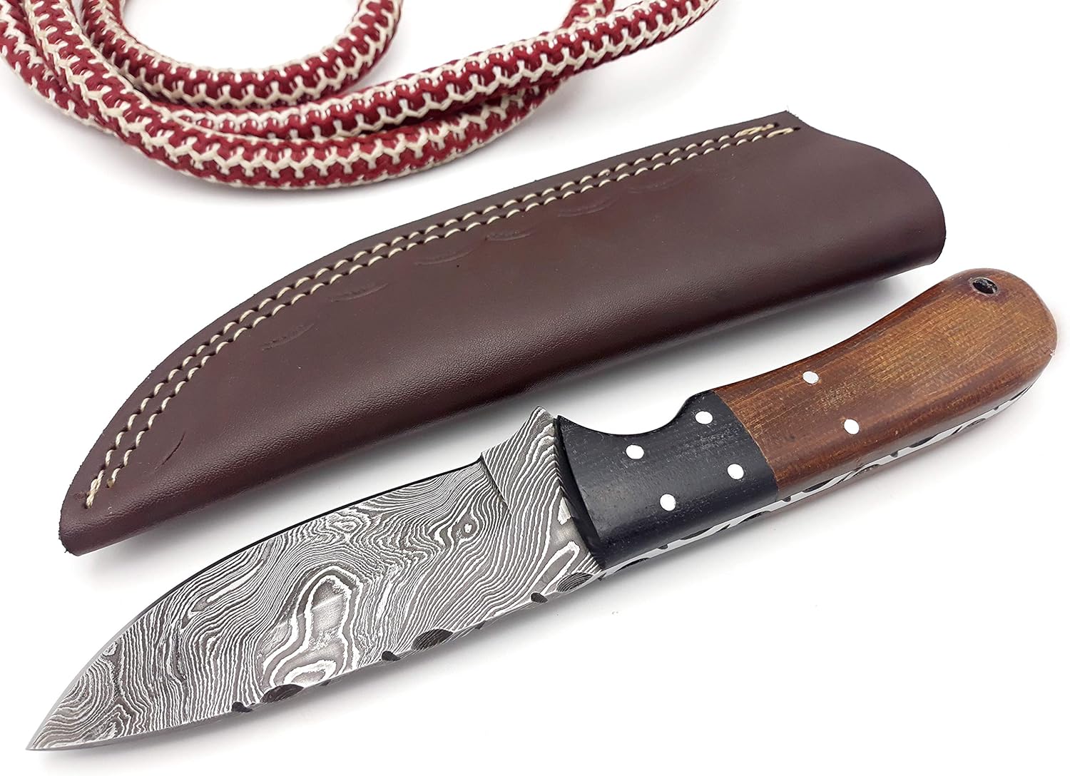 Nooraki SK-62 Cuchillo de caza de Damasco hecho a mano de 8.5 pulgadas, hoja de espiga completa con karité de cuero, ideal para campamento,