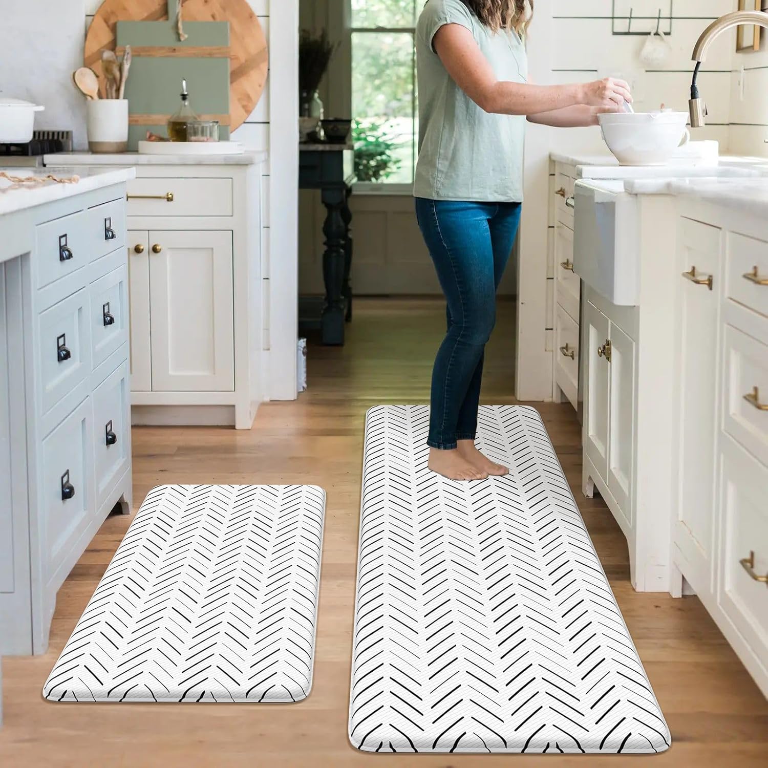 KIMODE Juego de 2 tapetes de cocina antifatiga, tapetes de cocina antideslizantes, acolchados y geométricos para lavandería, oficina, fregadero,