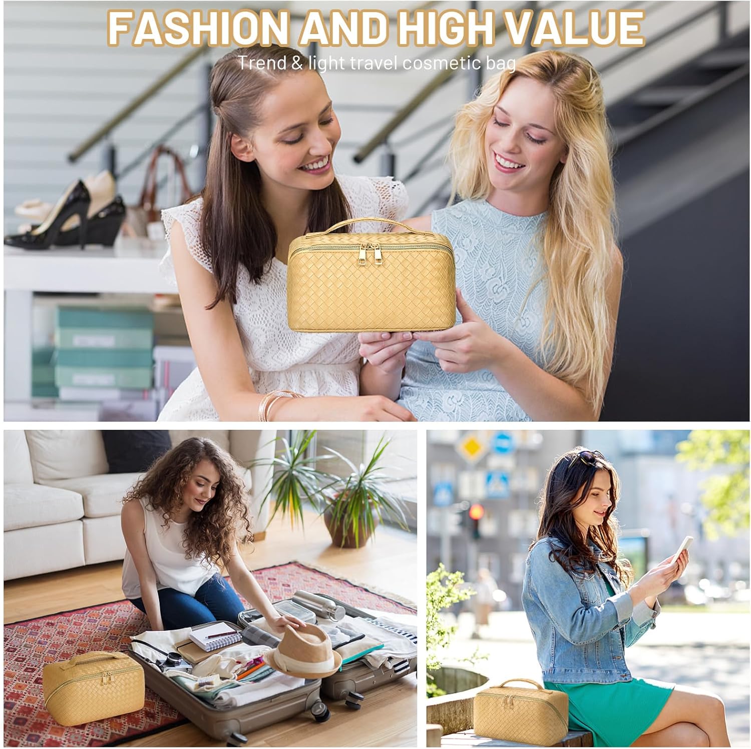 VVABELLI Bolsa de maquillaje  Bolsa de cosméticos de viaje de gran capacidad, portátil de cuero impermeable, bolsa de maquillaje de viaje para