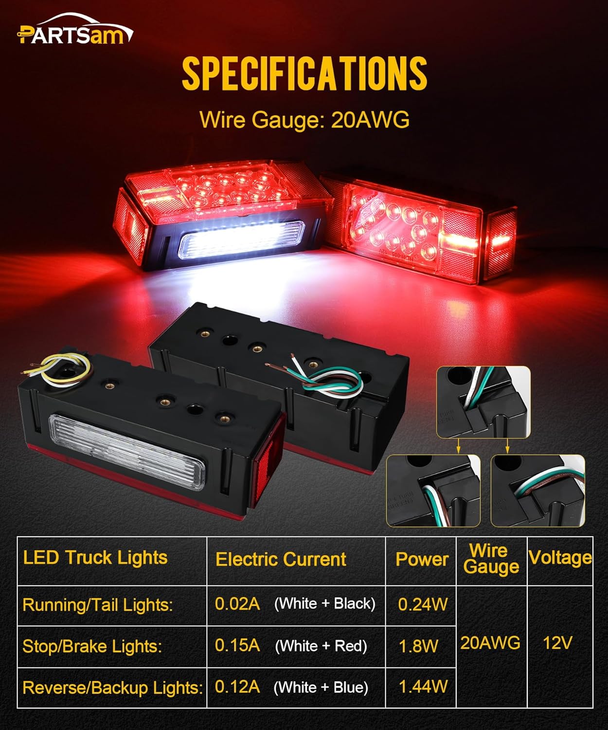 Partsam Luces LED sumergibles de bajo perfil rectangular de 12 V, cable de remolque de 7 vías con caja de conexiones de 7 bandas, para cámper,