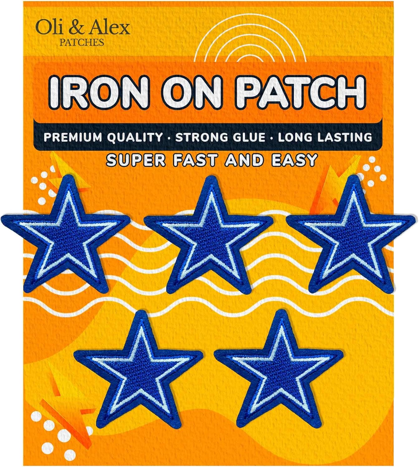 Oli and Alex Parches para planchar – Parche de estrella azul con pegamento extra fuerte, 5 piezas, parche para planchar con apliques bordados