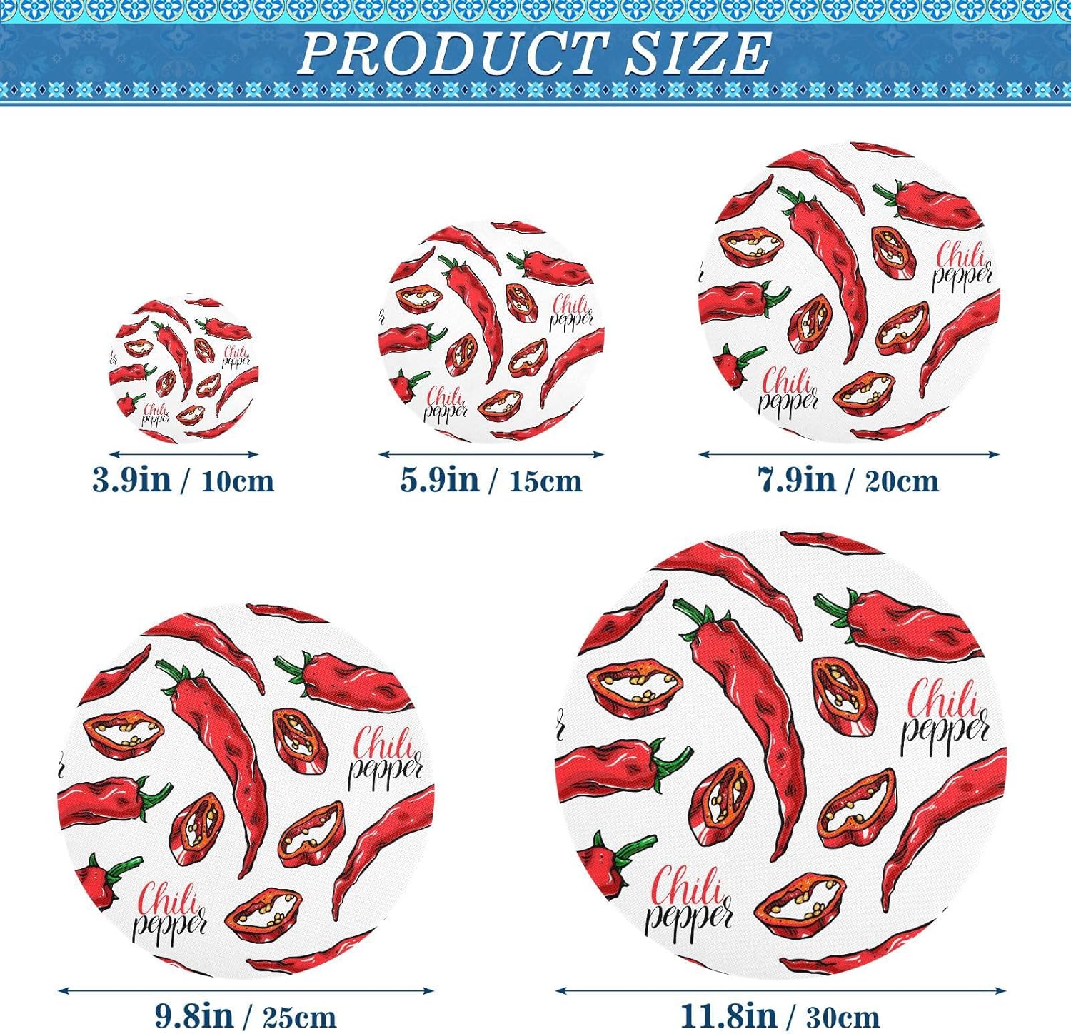 Chili Peppers – 5 fundas elásticas reutilizables para cuencos para almacenamiento de alimentos, tapas de tela elástica con 5 tamaños diferentes