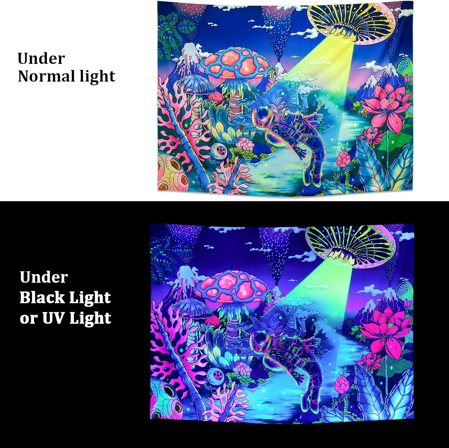 Amhokhui Tapiz de astronauta de luz negra, tapiz de plantas de fantasía reactiva a los rayos UV, tapiz de ovni alienígena, tapiz colorido floral de