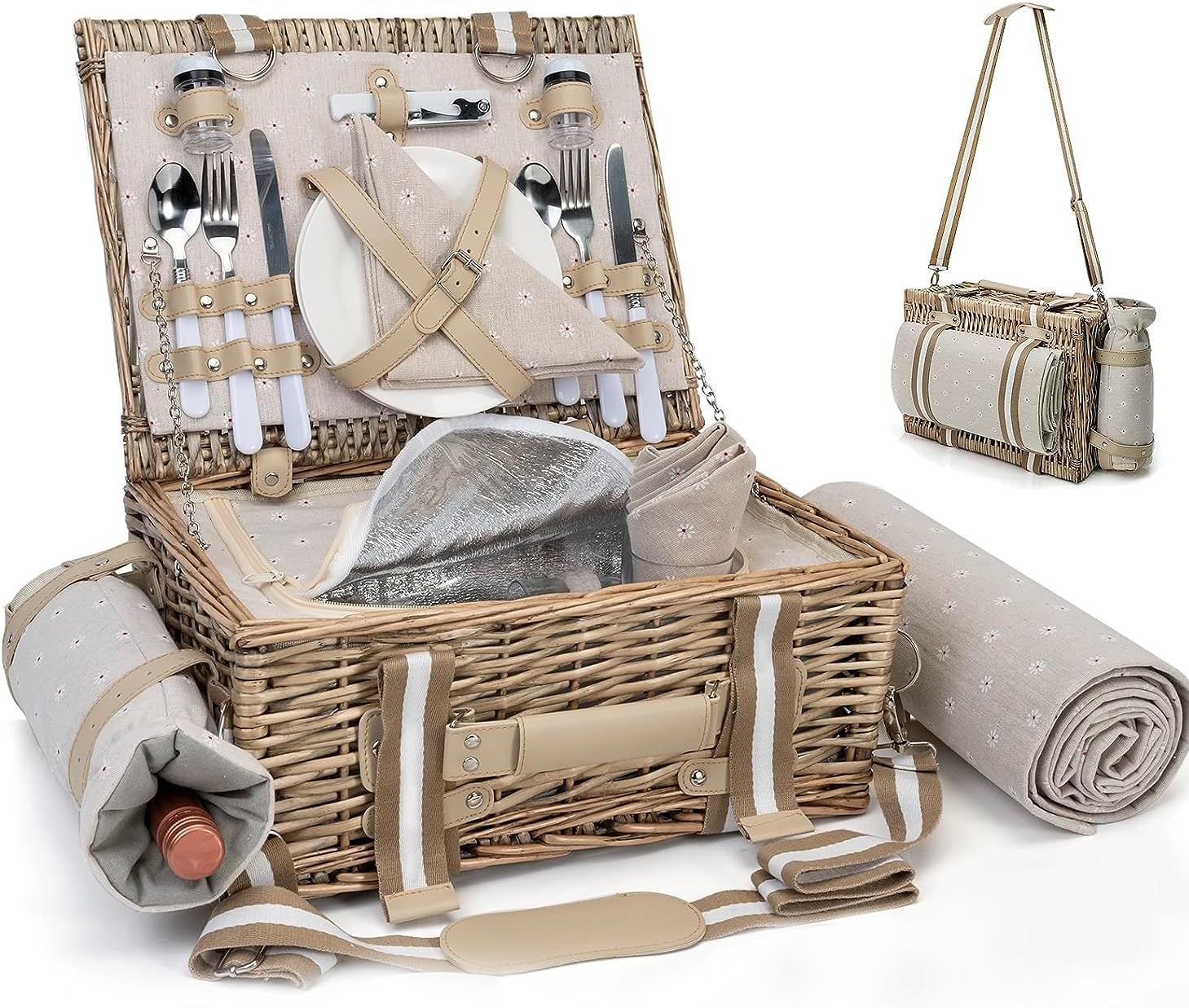 19 cestas de picnic para 2 personas con forro aislante y bolsa de vino impermeable para manta de picnic, gran cesta de picnic de mimbre para