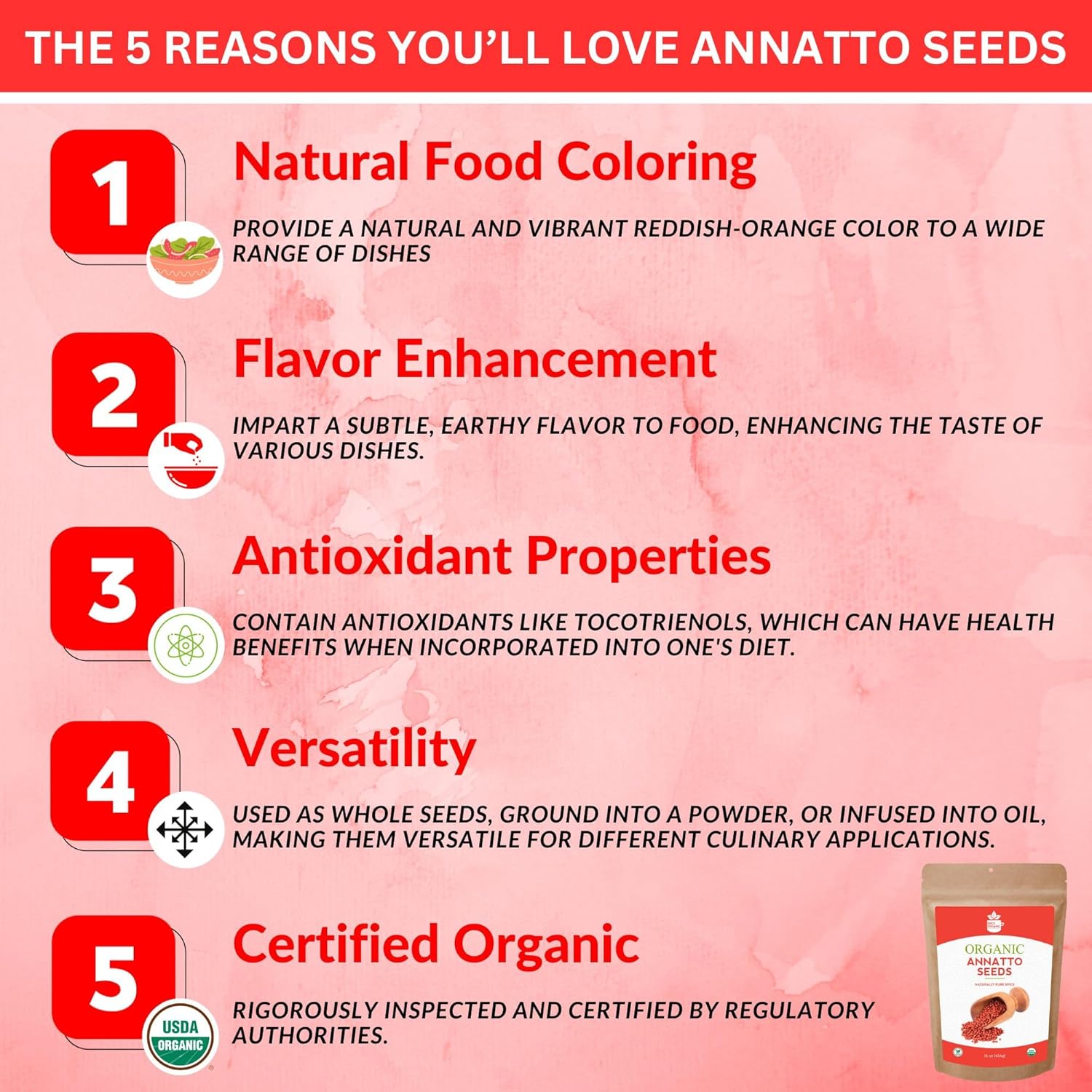 SPICY ORGANIC Annatto Seeds enteras de 4 onzas  Certificado orgánico por USDA  Semillas de achiote totalmente naturales, especias y condimentos para