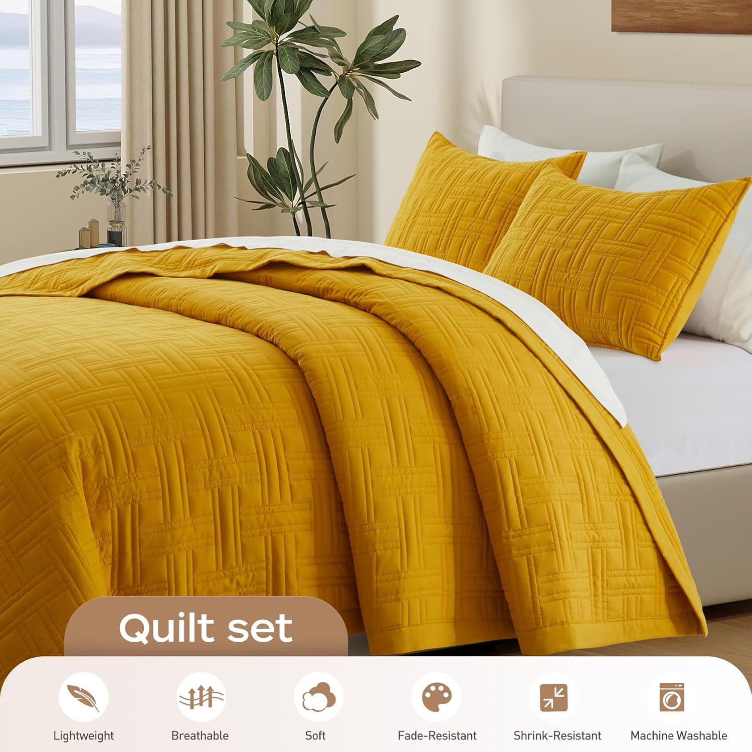 Juego de edredón tamaño Queen mostaza, juego de ropa de cama ligero de verano, juego de ropa de cama fino amarillo de microfibra suave para todas