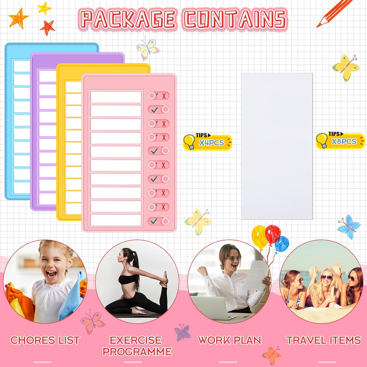 Queekay Tabla de tareas en blanco de 4 piezas, tabla de tareas para niños, tablero de lista de verificación de plástico con 8 cartulinas