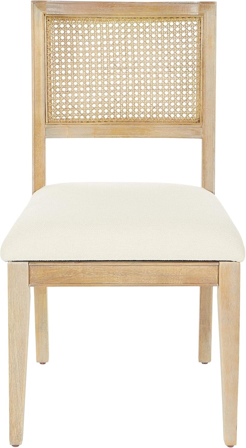 OSP Home Furnishings Alania Sillas de comedor de madera con respaldo de caña y asiento acolchado, paquete de 2, tela de lino con marco de lavado
