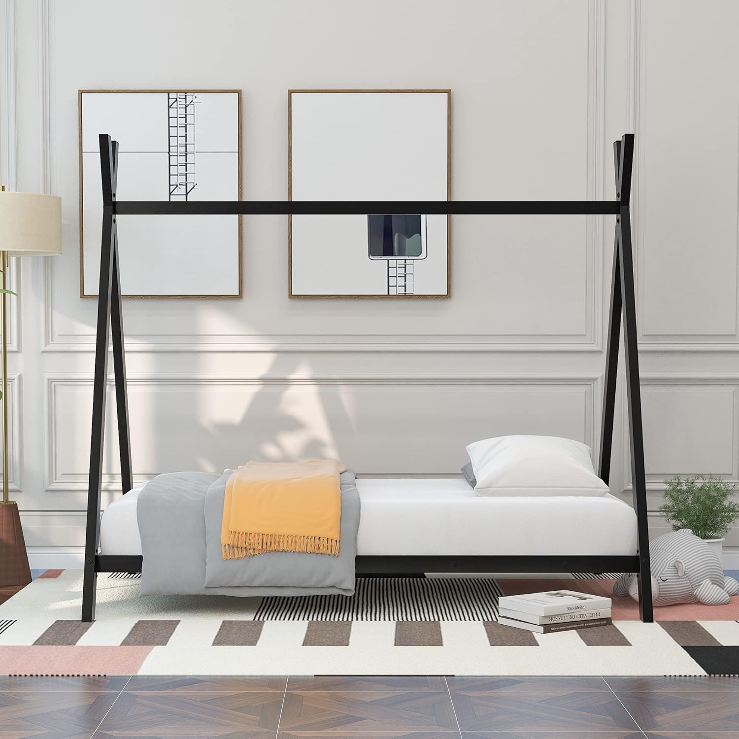 Lifeand Marco de cama de tamaño individual, cama de metal con listones para niños, niñas, niños, no necesita somier, color negro