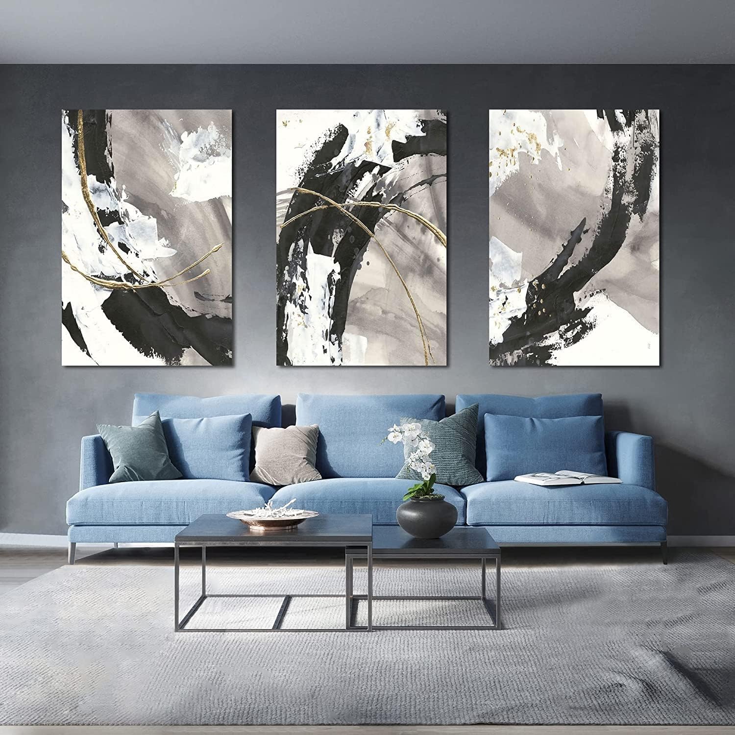 Dimpoli Lienzo abstracto para pared, 30 x 40 pulgadas, 3 paneles de líneas blancas y negras, impresiones giclée, envueltas en galería, listas para