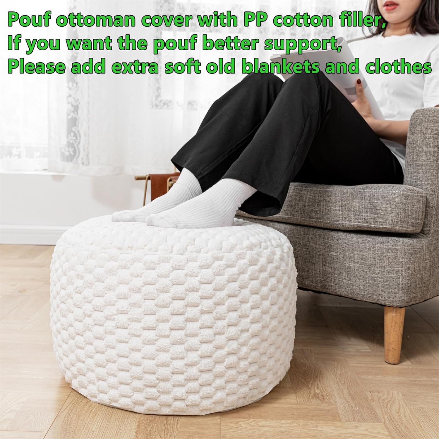 Puf otomano redondo de relleno de 20 x 20 x 12 pulgadas, otomano de piel sintética, reposapiés, taburete para debajo del escritorio, ideal para sala