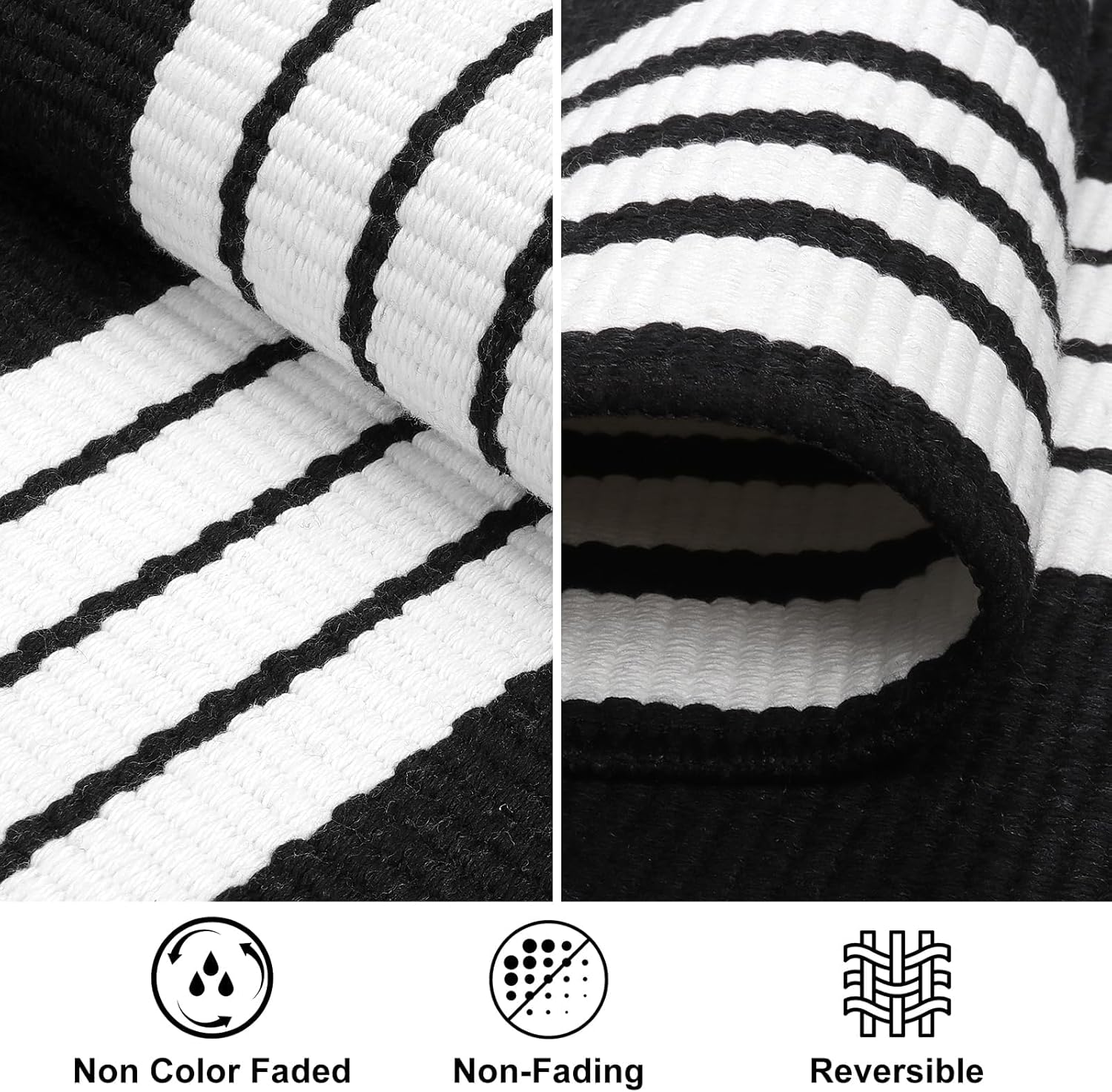 LEEVAN Tapete lavable a rayas de 27.5 x 43 pulgadas, de algodón tejido en blanco y negro, tapete reversible para porche en capas para cocinabaño