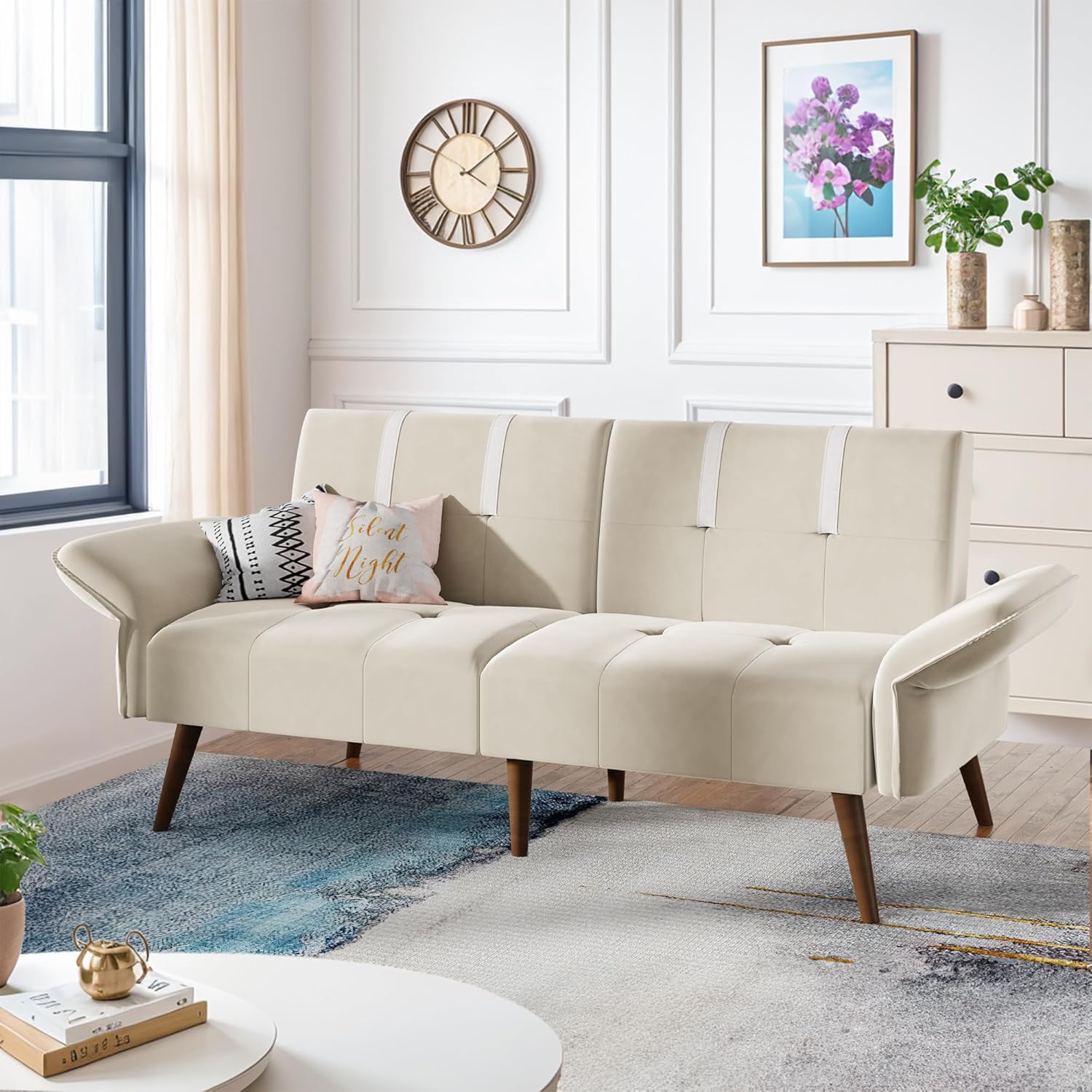 JAMFLY Sofá cama futón de terciopelo de 69 pulgadas, sofá cama convertible con reposabrazos y respaldo ajustables, moderno sofá biplaza para sala de