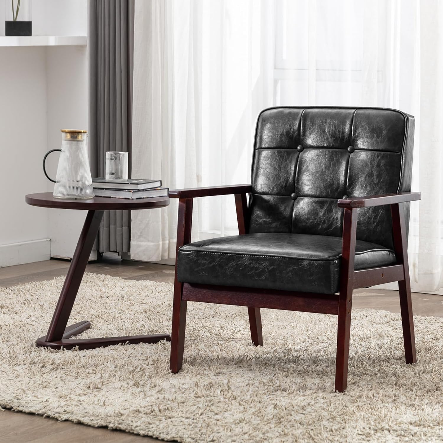 Okeysen Silla decorativa moderna de mediados de siglo, silla auxiliar retro de madera y cuero, cómoda silla de lectura para sala de estar,
