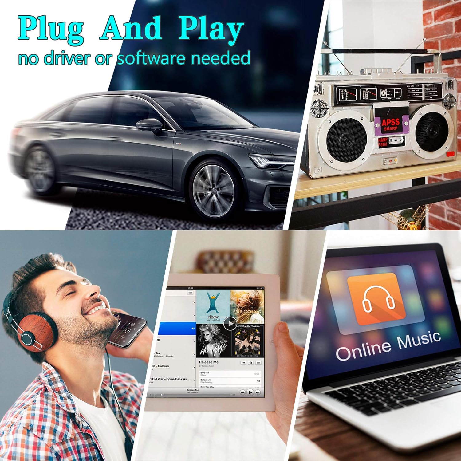Elook Receptor de audio del coche, reproductor de adaptador auxiliar de la cinta del receptor del casete de Bluetooth con Bluetooth 5.0
