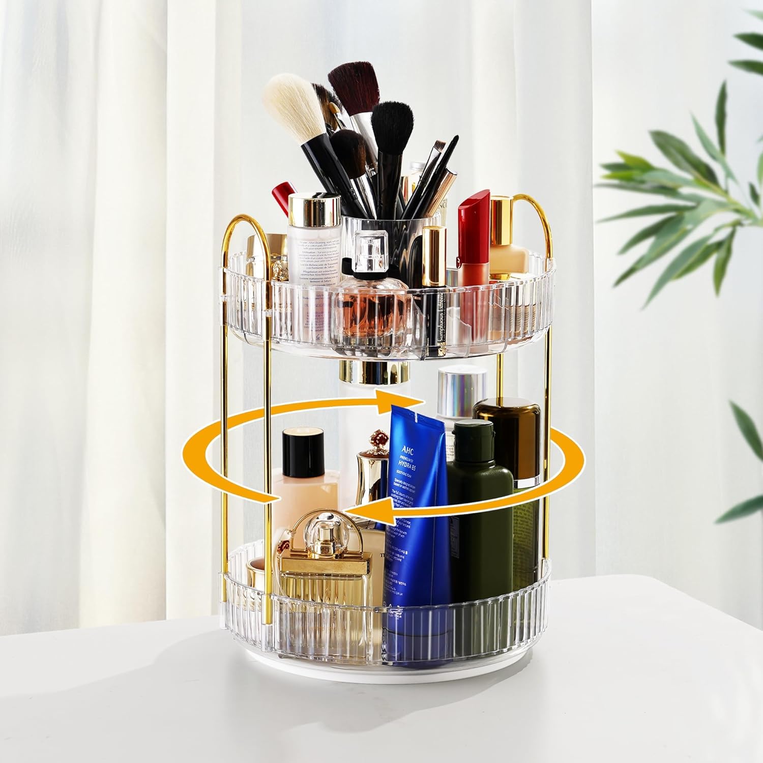 XISIYUJZ Organizador de maquillaje giratorio de 360 para tocador de 2 niveles, organizador de tocador de baño de alta capacidad, organizador de