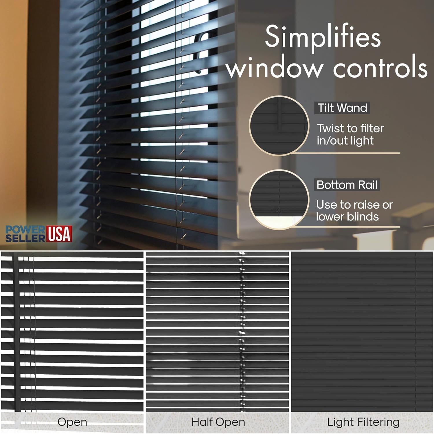 PowerSellerUSA Persianas inalámbricas con listones de 1 pulgada, 64 pulgadas de largo x 31 pulgadas de ancho, de vinilo para filtrar la luz, para