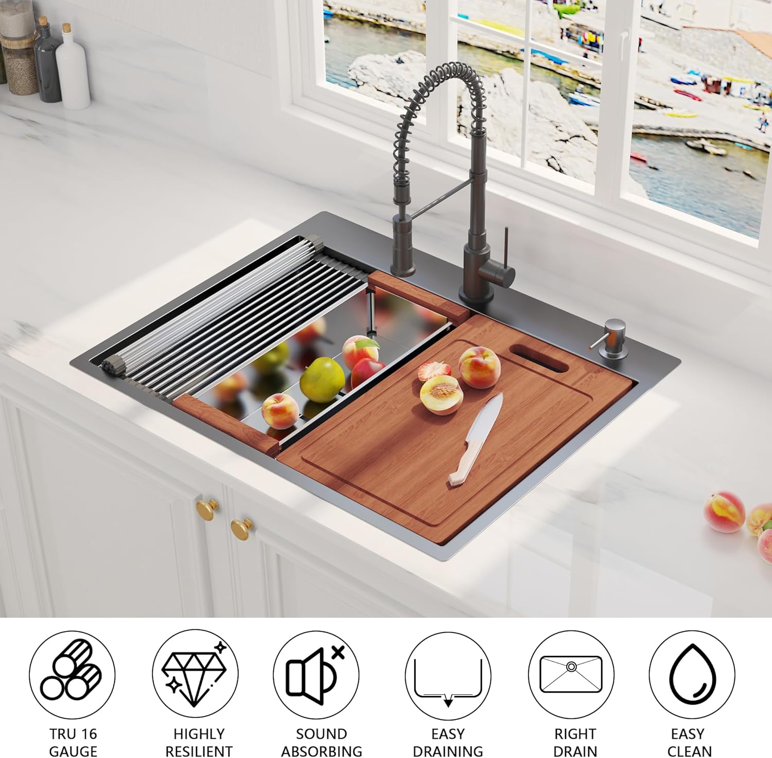 Fregadero de cocina de 28 x 22 pulgadas, fregadero con estación de trabajo, fregadero de cocina de acero inoxidable de calibre 16 con repisa y