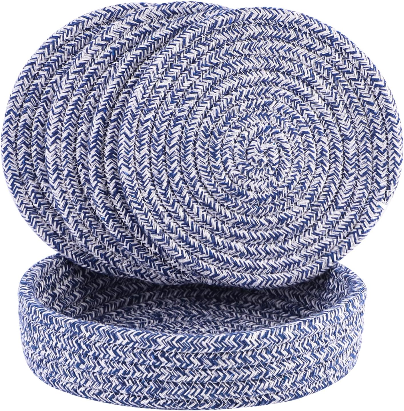 Juego de salvamanteles para ollas, 4 soportes para ollas de 7 pulgadas 100% algodón tejido y 1 paquete de cesta de almacenamiento tejida de cocina,