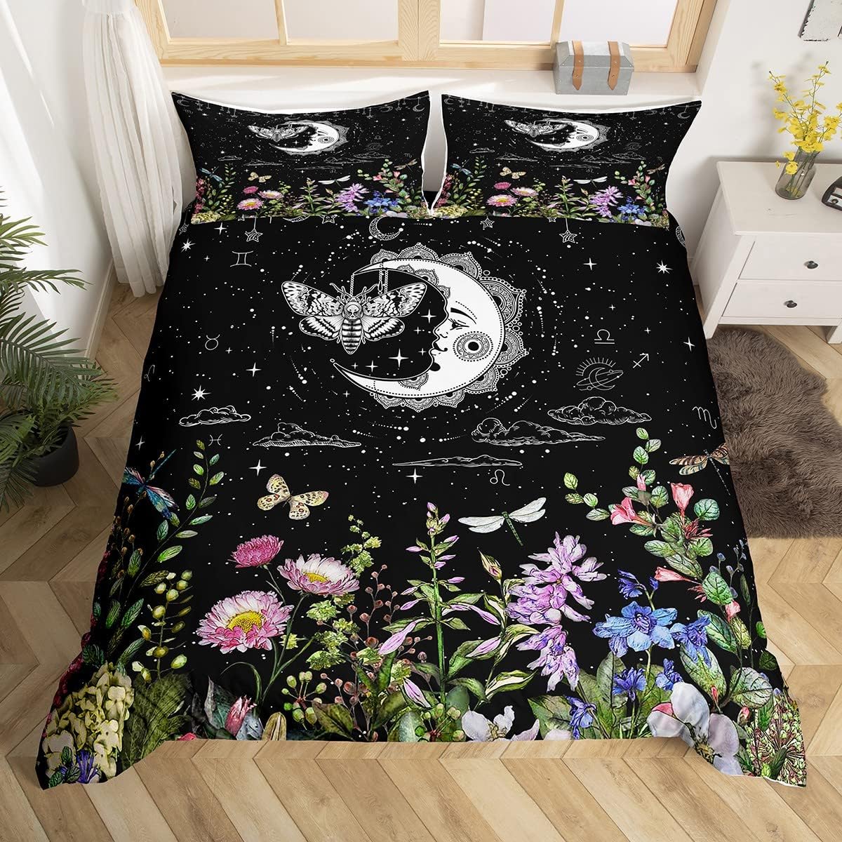 Erosebridal Juego de ropa de cama bohemio con diseño de polilla de sol y luna, color negro y blanco, funda de edredón gótica de calavera de azúcar y