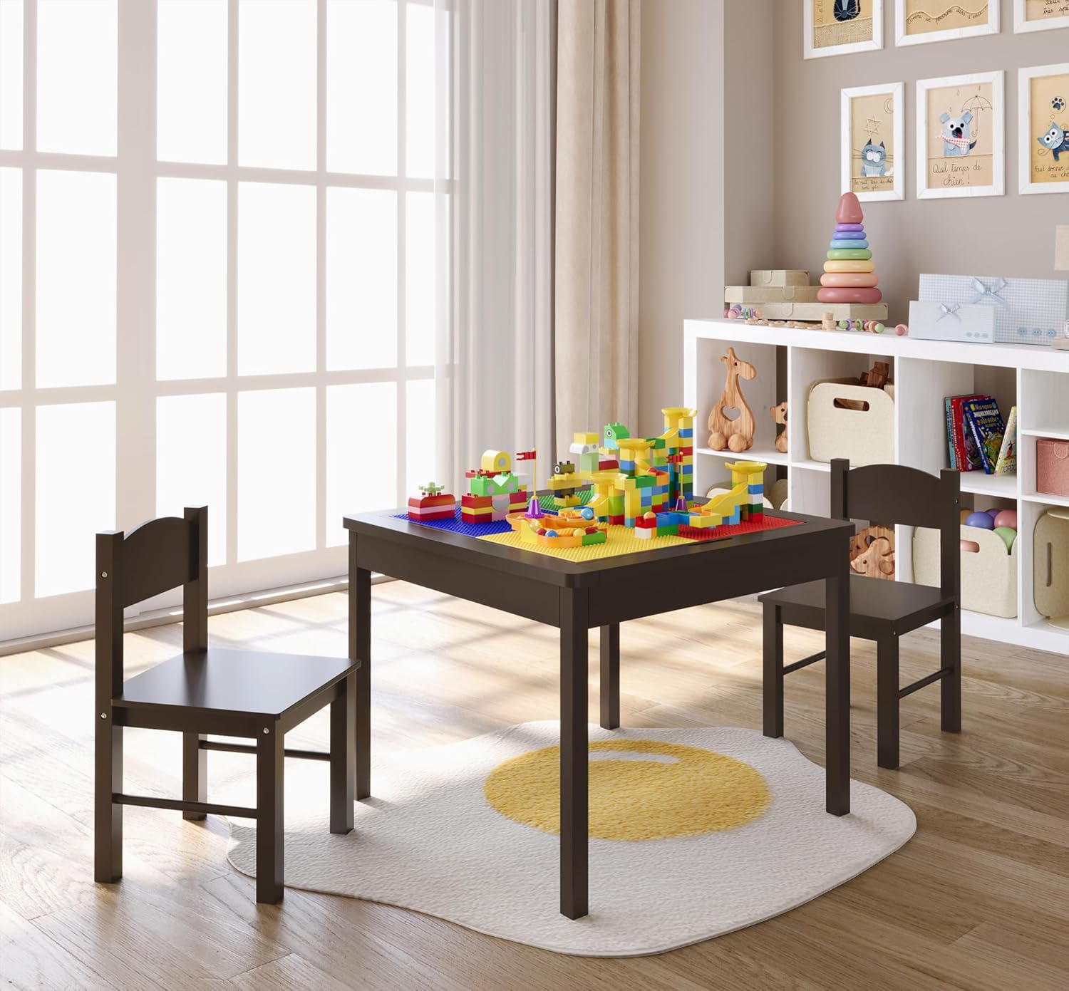 4NM Juego de mesa de juego 3 en 1 para niños y 2 sillas con almacenamiento, compatible con Lego y Duplo Bricks, mesa de madera para niños pequeños,