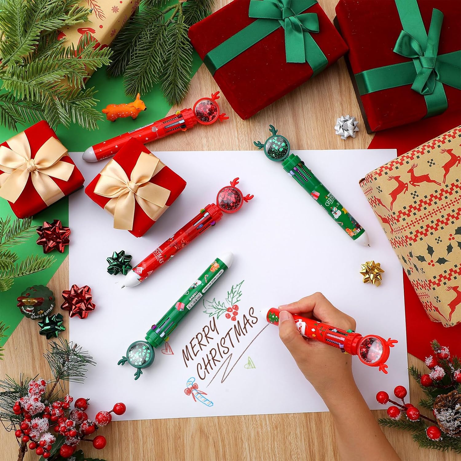 Bolígrafo de Navidad 10 en 1, retráctil, multicolor, 10 colores, retráctiles, árbol de Navidad, Papá Noel, muñeco de nieve, bolígrafos de escritura
