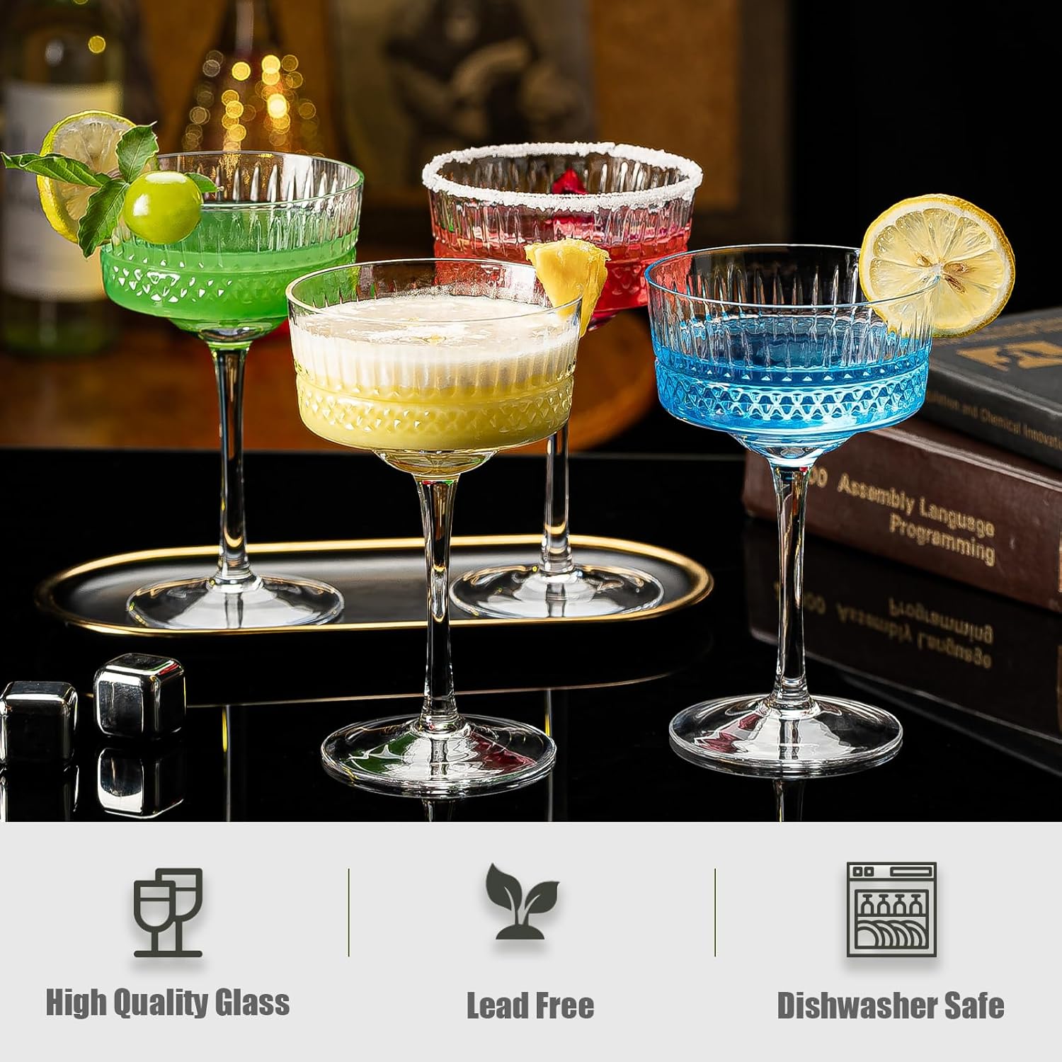 Juego de 6 vasos vintage Art Deco Coupé, vasos de Martini de 10 onzas, copas de cóctel Coupé, elegante copa de Manhattan soplada a mano para bar,